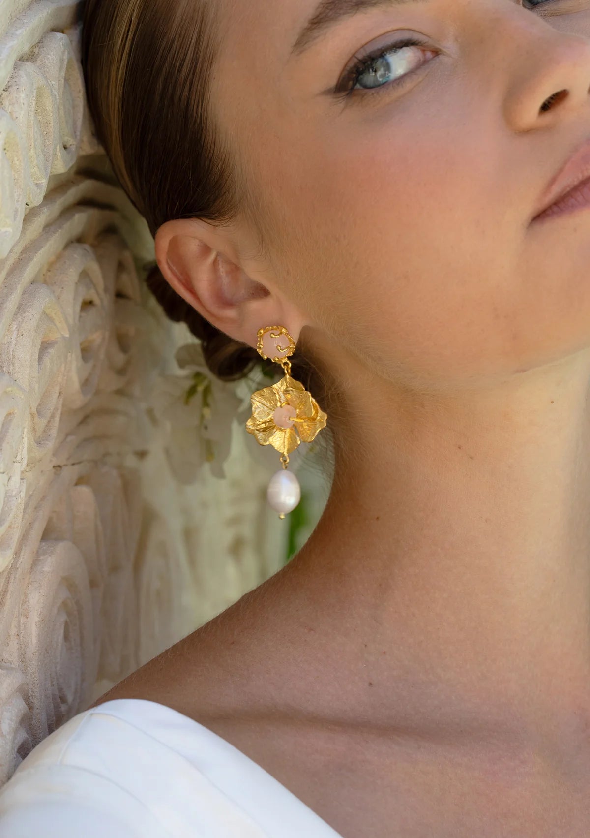 Lola Knight - Aria - Rose Quartz Pearl Drop Earrings - 18K Gold