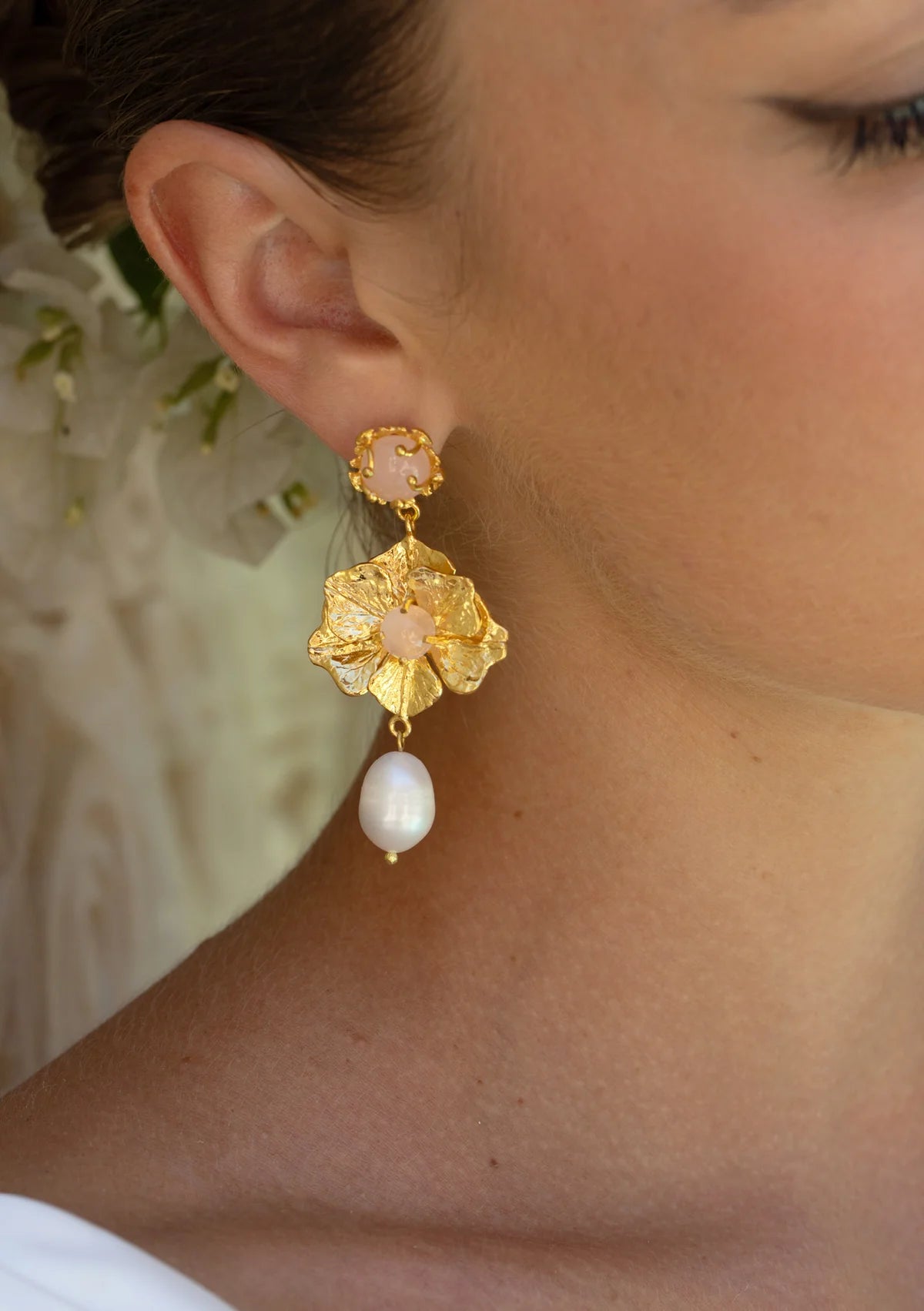 Buy Lola Knight - Aria - Rose Quartz Pearl Drop Earrings - 18K Gold online | The White Collection Australia
