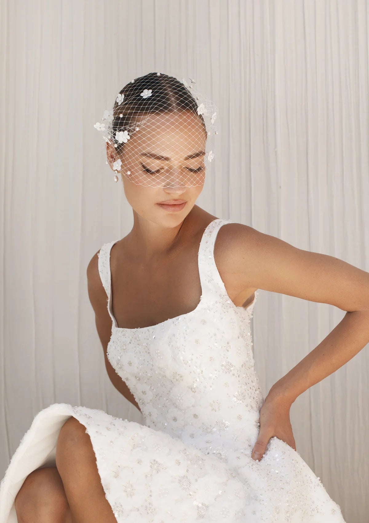 Lola Knight - Blossom - Ivory Flower Pearl Birdcage Veil