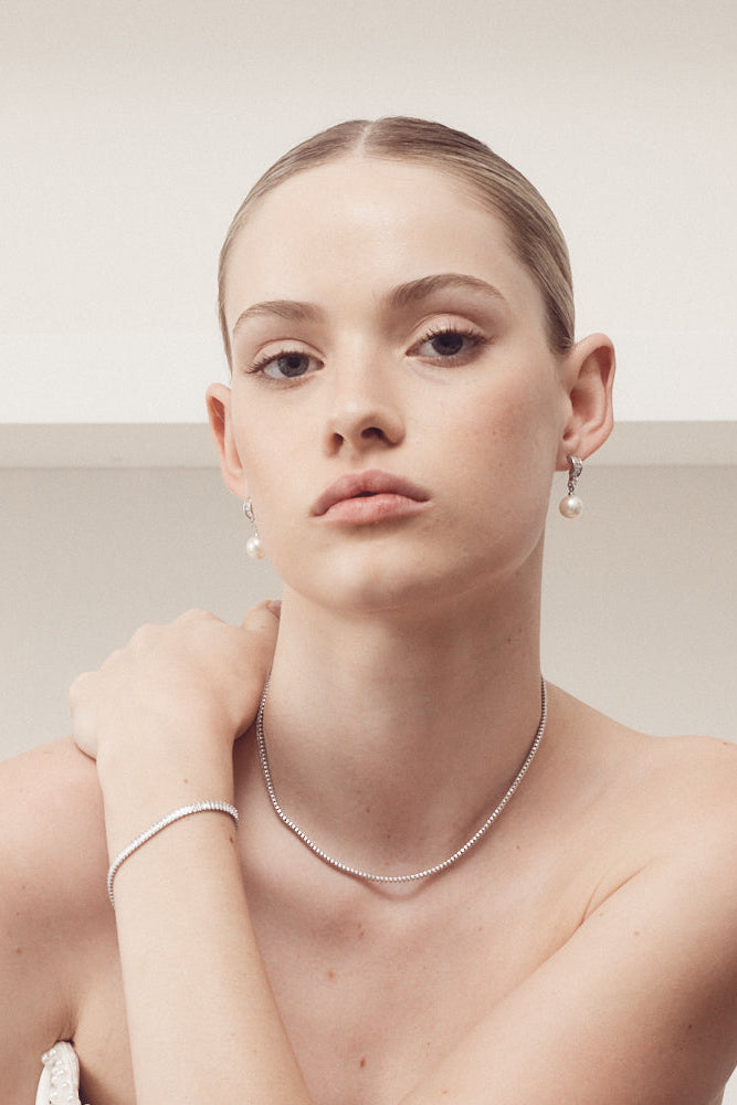 Buy Brianna - Elegant Baguette Crystal and Pearl Drop Bridal Earrings online | The White Collection Australia