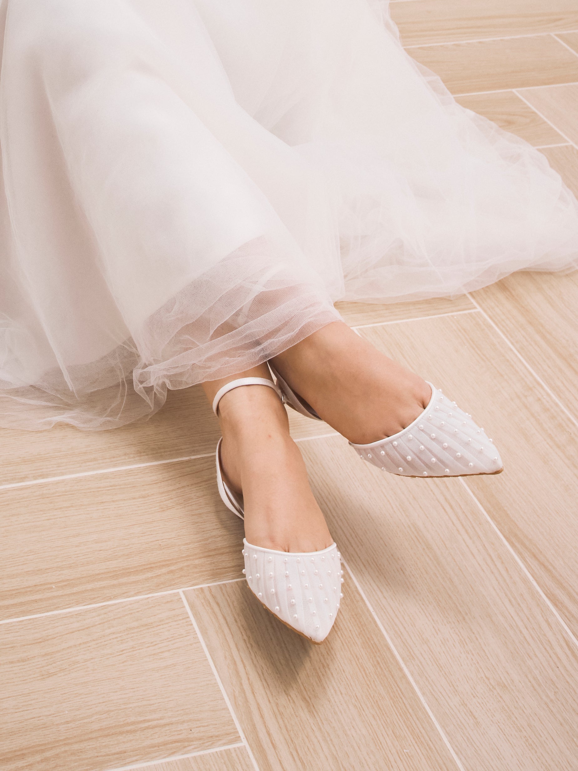 Chanel Pearl - White Tulle Flats with Handsewn Pearls