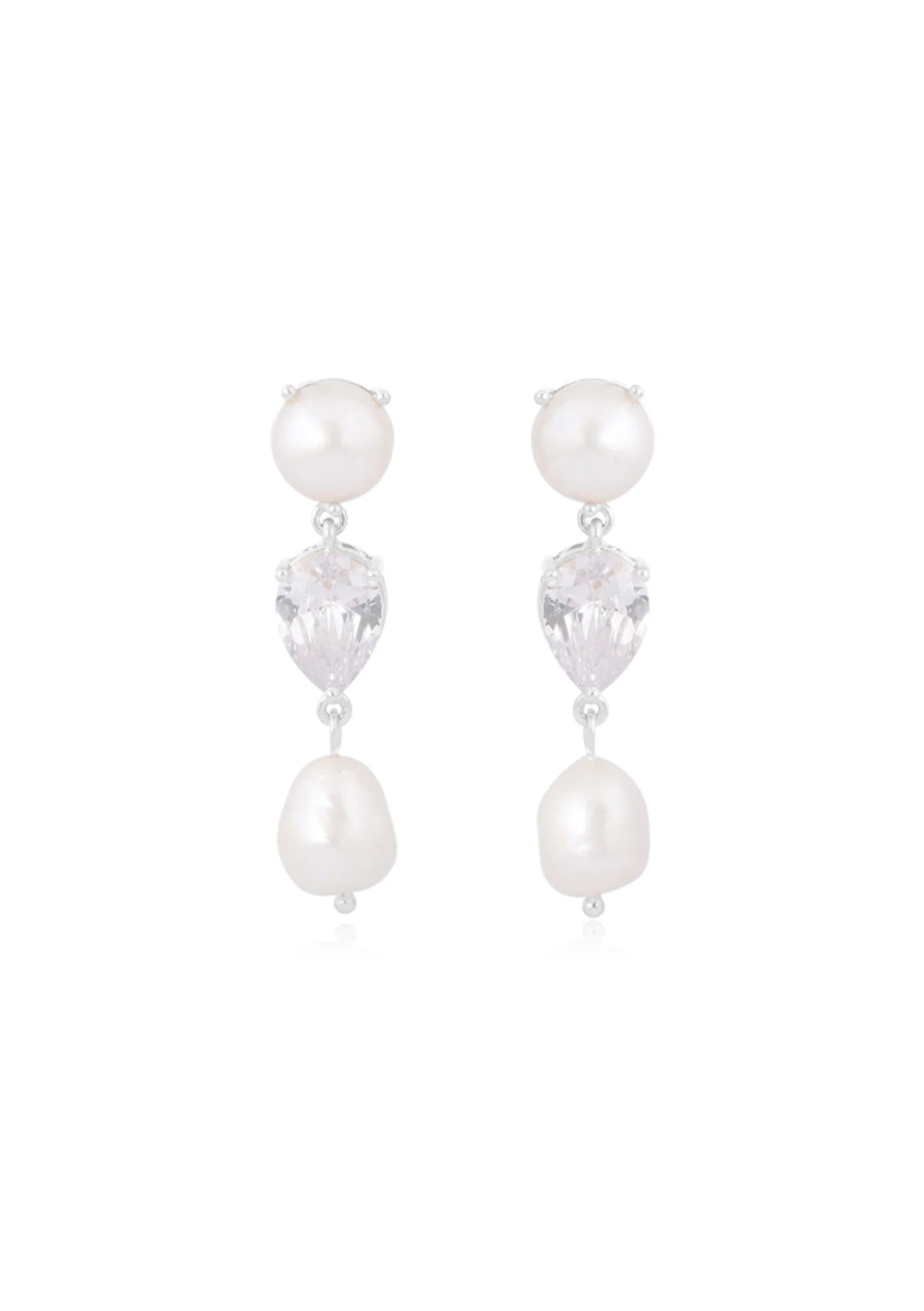 Lola Knight - Celine - Double Pearl And Crystal Drop Earrings - Silver