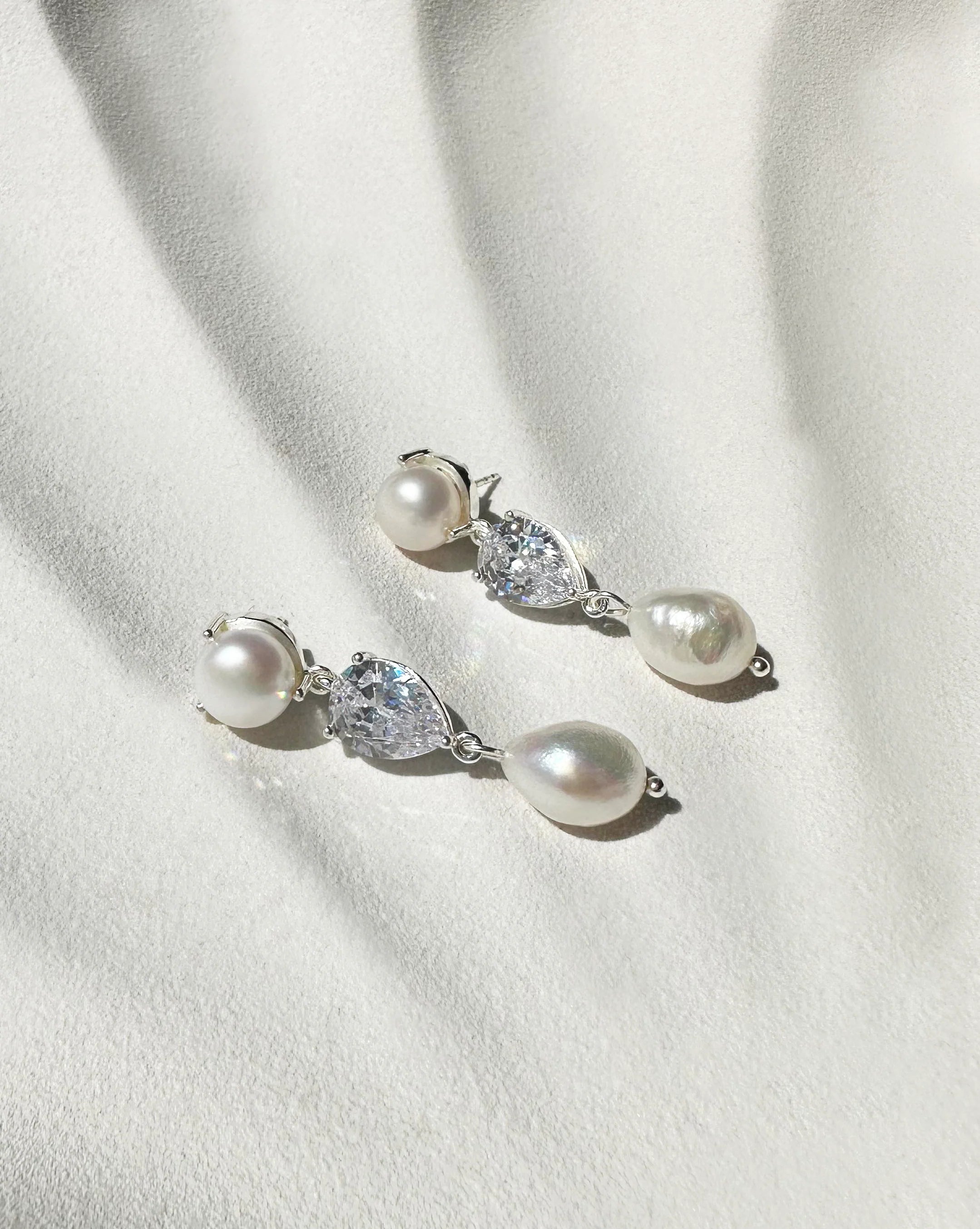 Lola Knight - Celine - Double Pearl And Crystal Drop Earrings - Silver