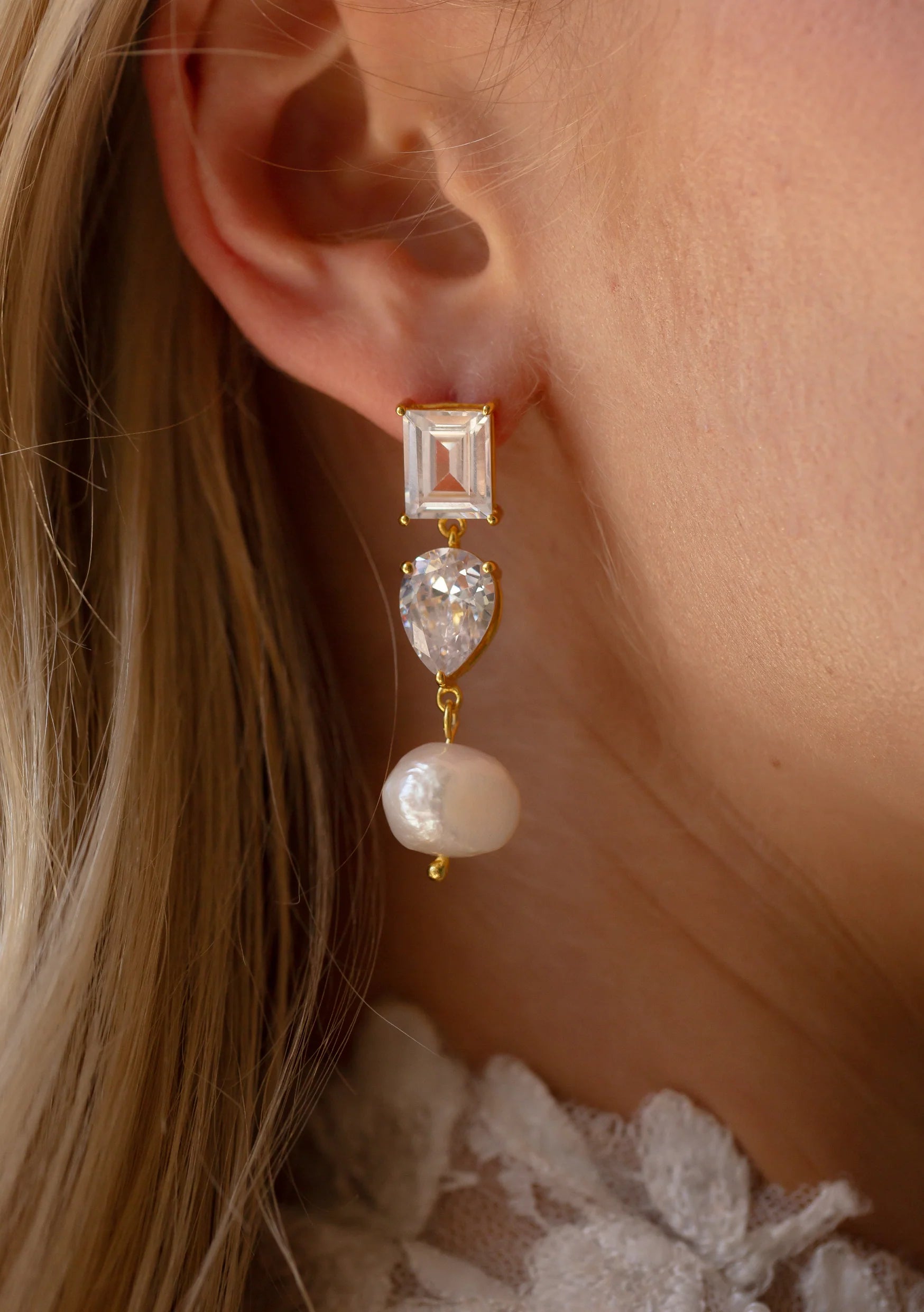 Buy Lola Knight - Charlie - Crystal And Pearl Drop Bridal Earrings - Gold online | The White Collection Australia