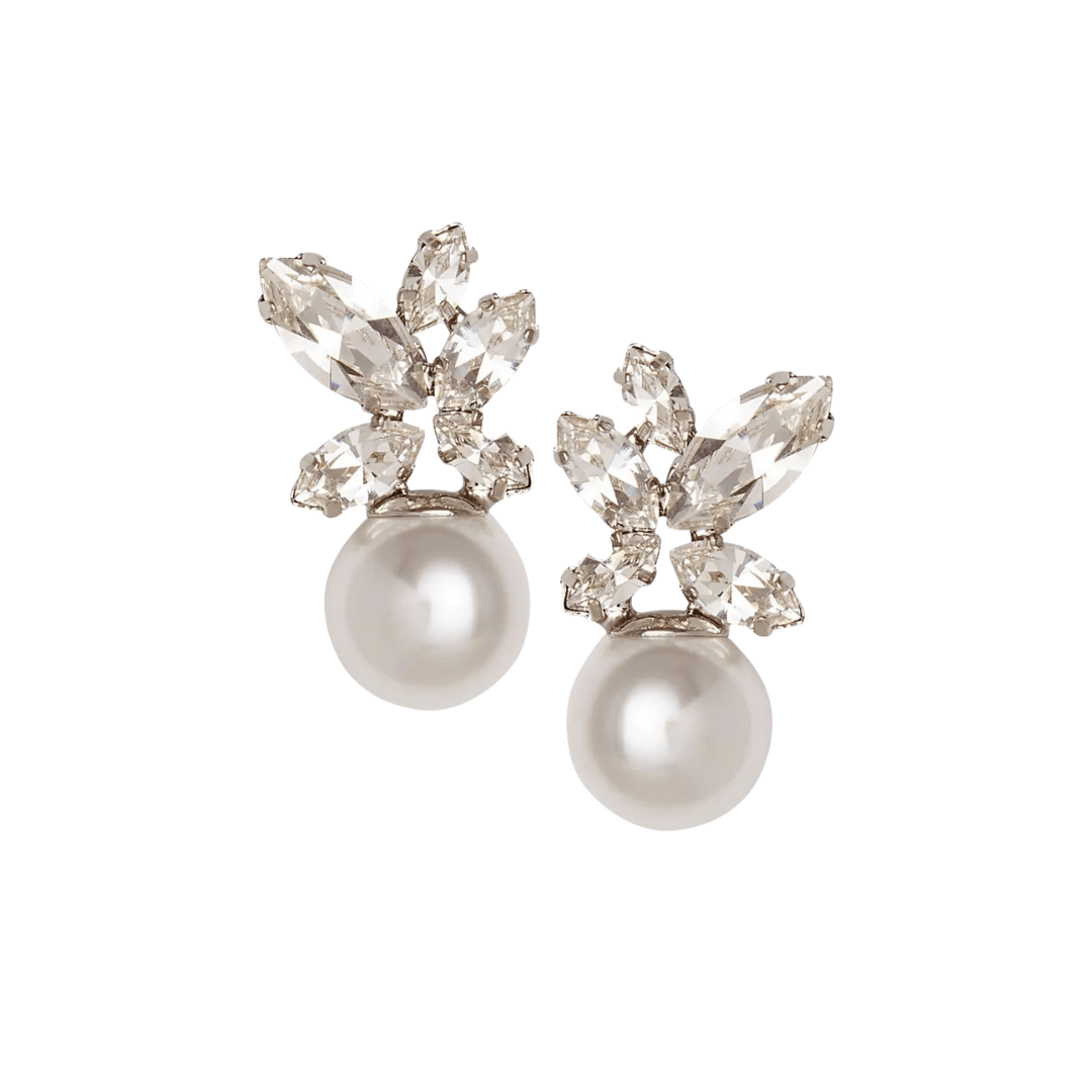 Buy Elizabeth Bower - Burst Duet Crystal and Pearl Earrings - Rhodium Silver online | The White Collection Australia