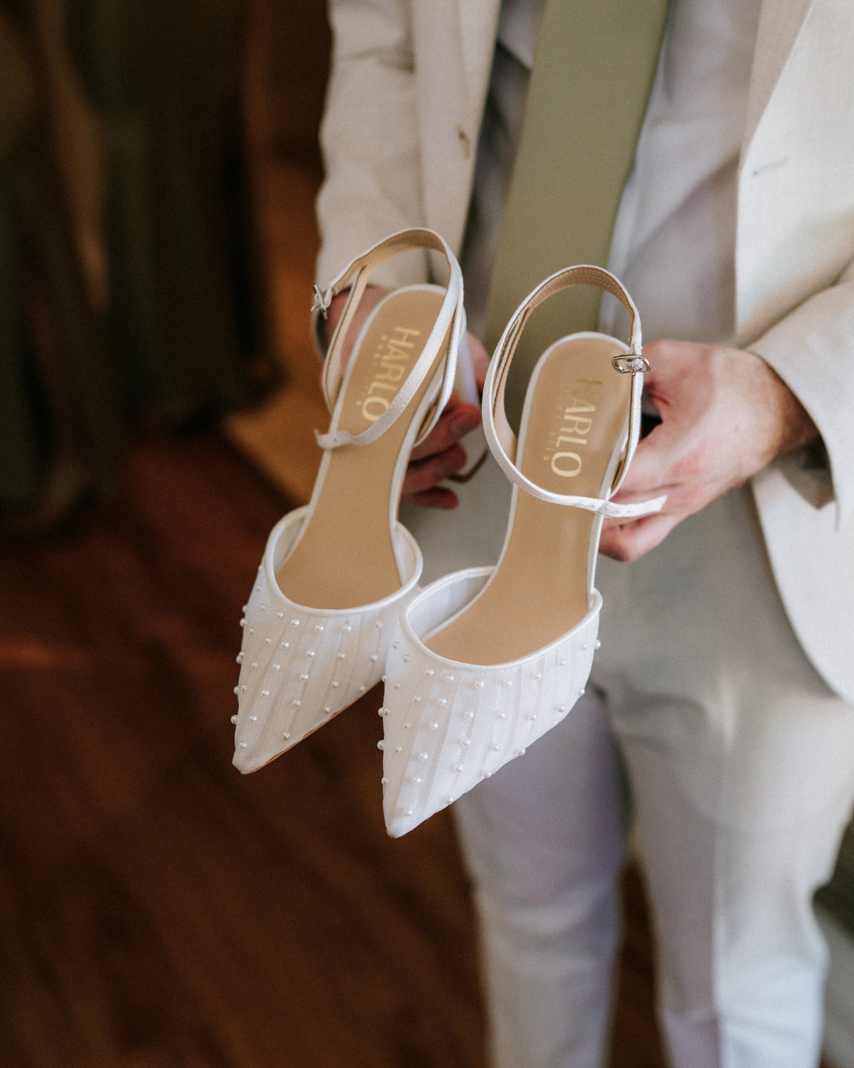 Elle - Tulle Block Heeled Point with Handsewn Pearls - Soft White