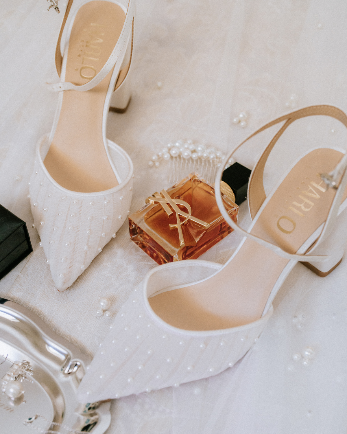 Elle - Tulle Block Heeled Point with Handsewn Pearls - Soft White
