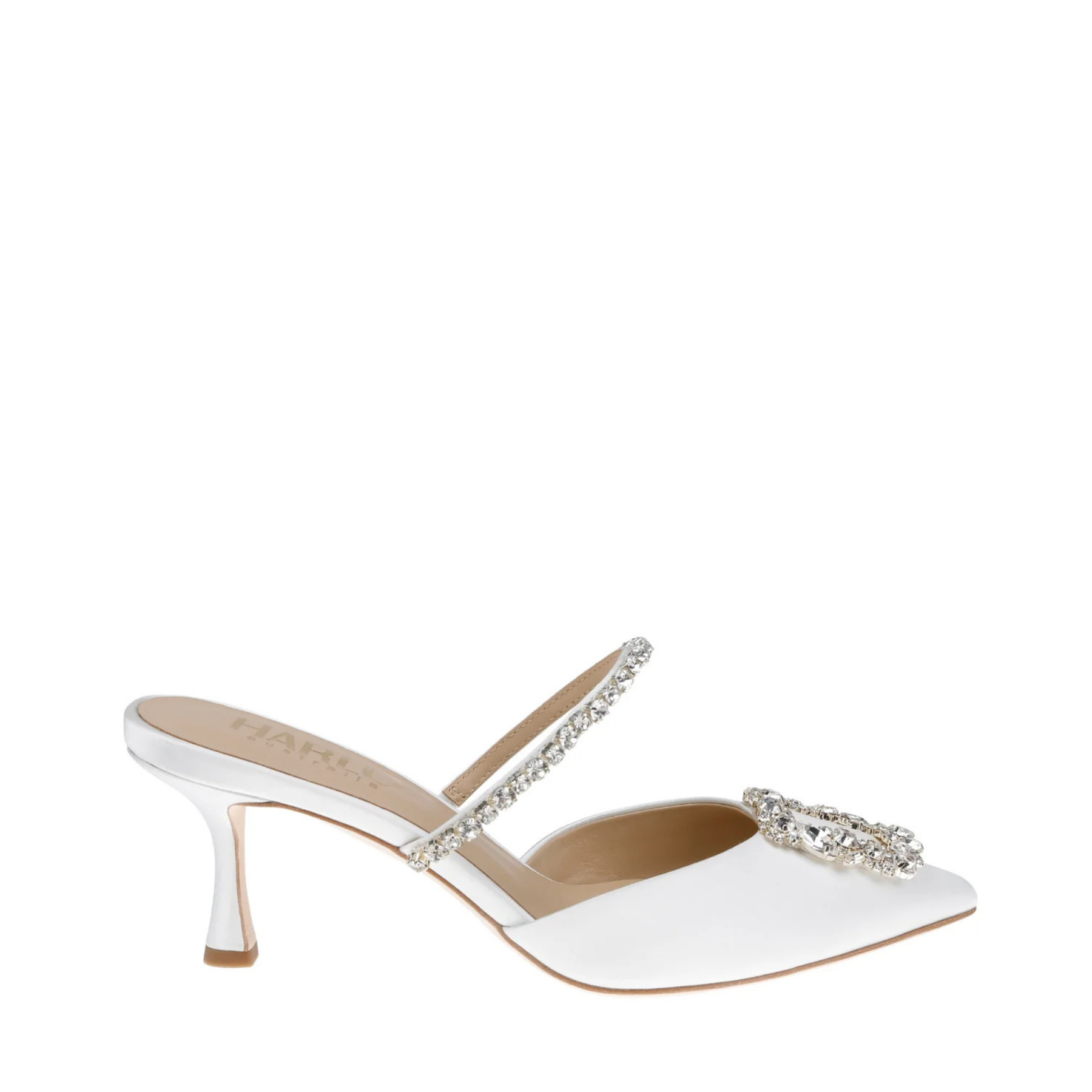 Faith - Pointed Toe Crystal Embellished Kitten Mule - Soft White