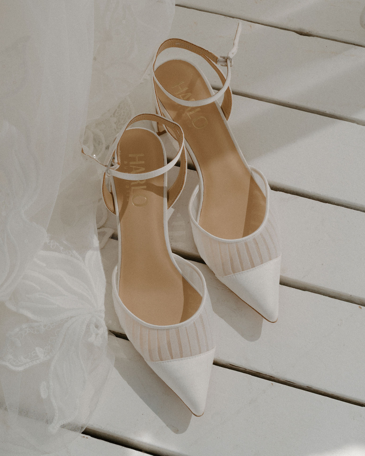 Farah - Tulle & Satin Pointed Toe Low Block Heel - Soft White