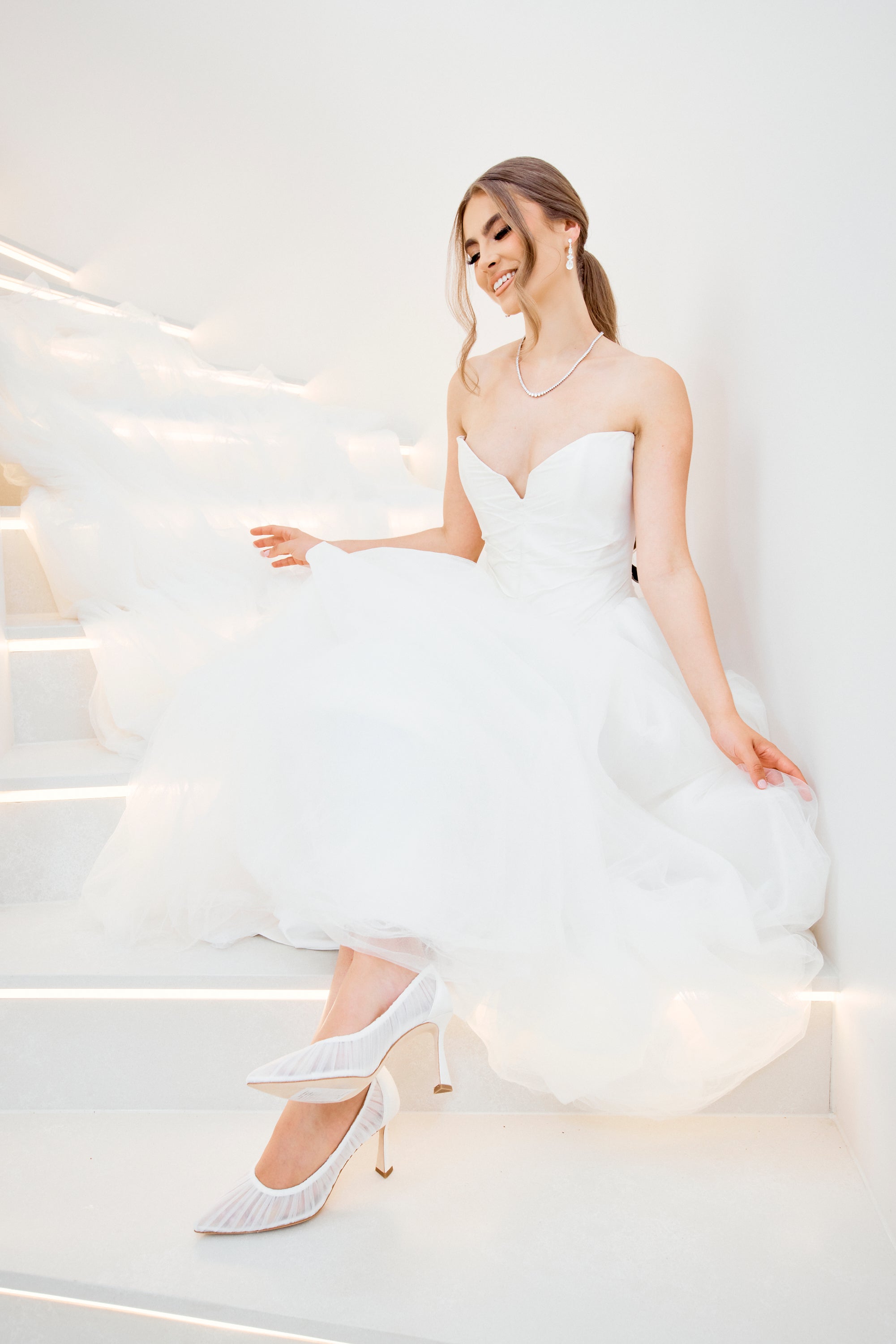 Glinda - Pleated Tulle Bridal Fluted Heels - Soft White