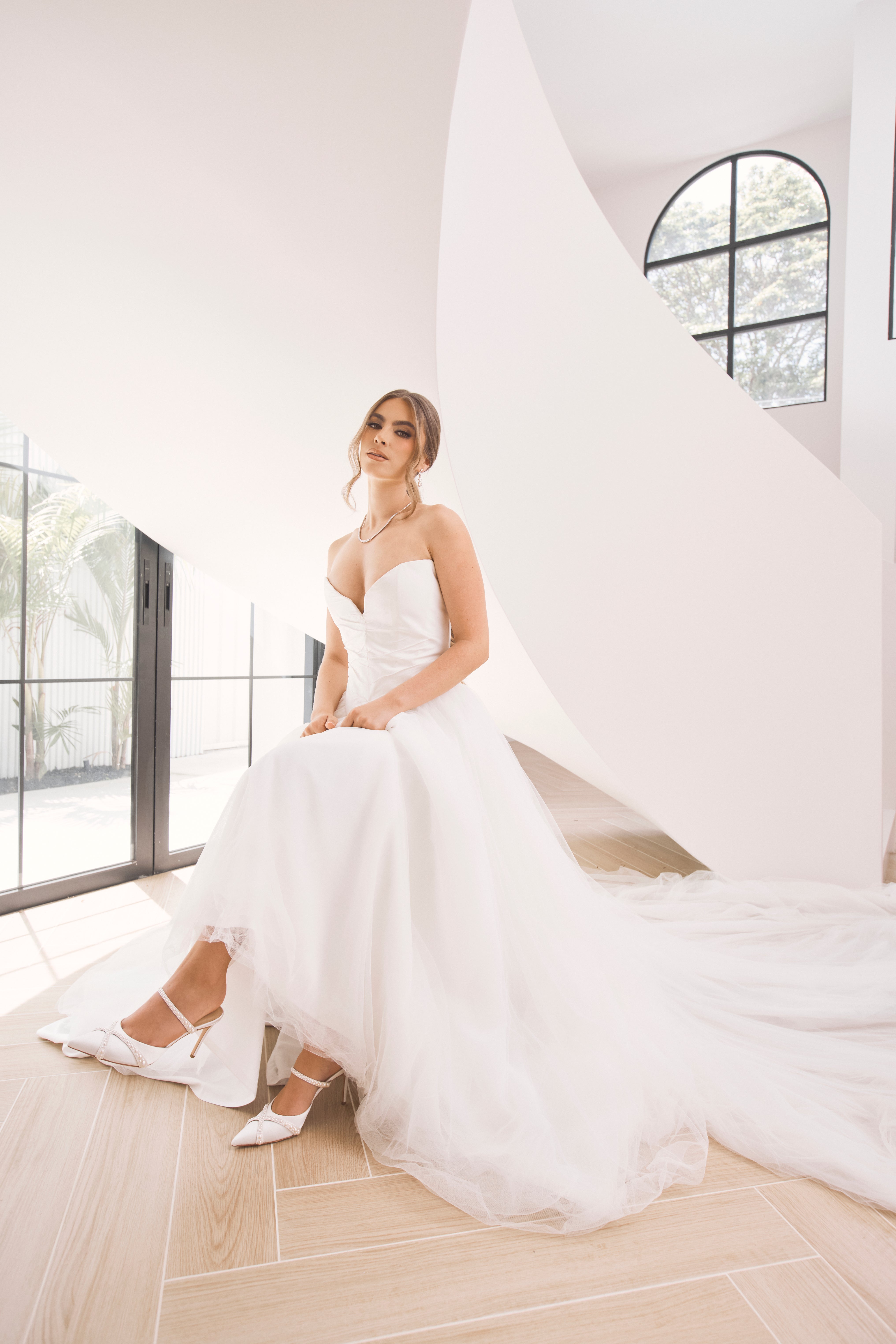 Grace - Pearl Embellished Stiletto Mule Heels - Soft White