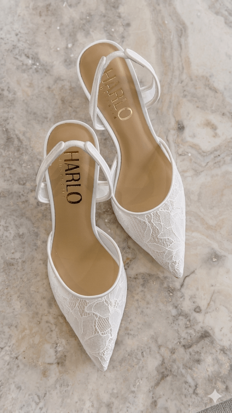 Gigi Lace - Bridal Slingback Fluted Heels - Soft White by HARLO Australia on a marble surface.