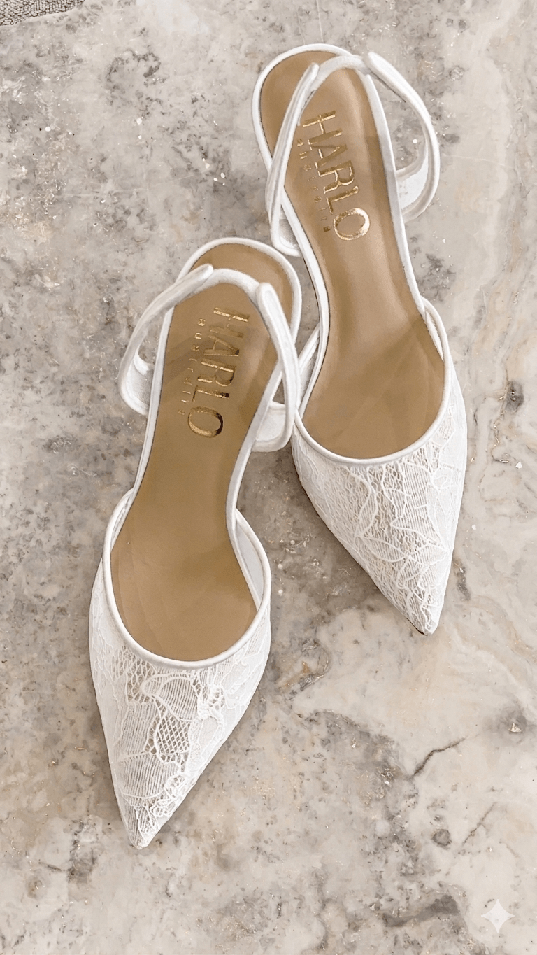 Gigi Lace - Bridal Slingback Fluted Heels - Soft White showcasing delicate floral lace and pointed toe design.