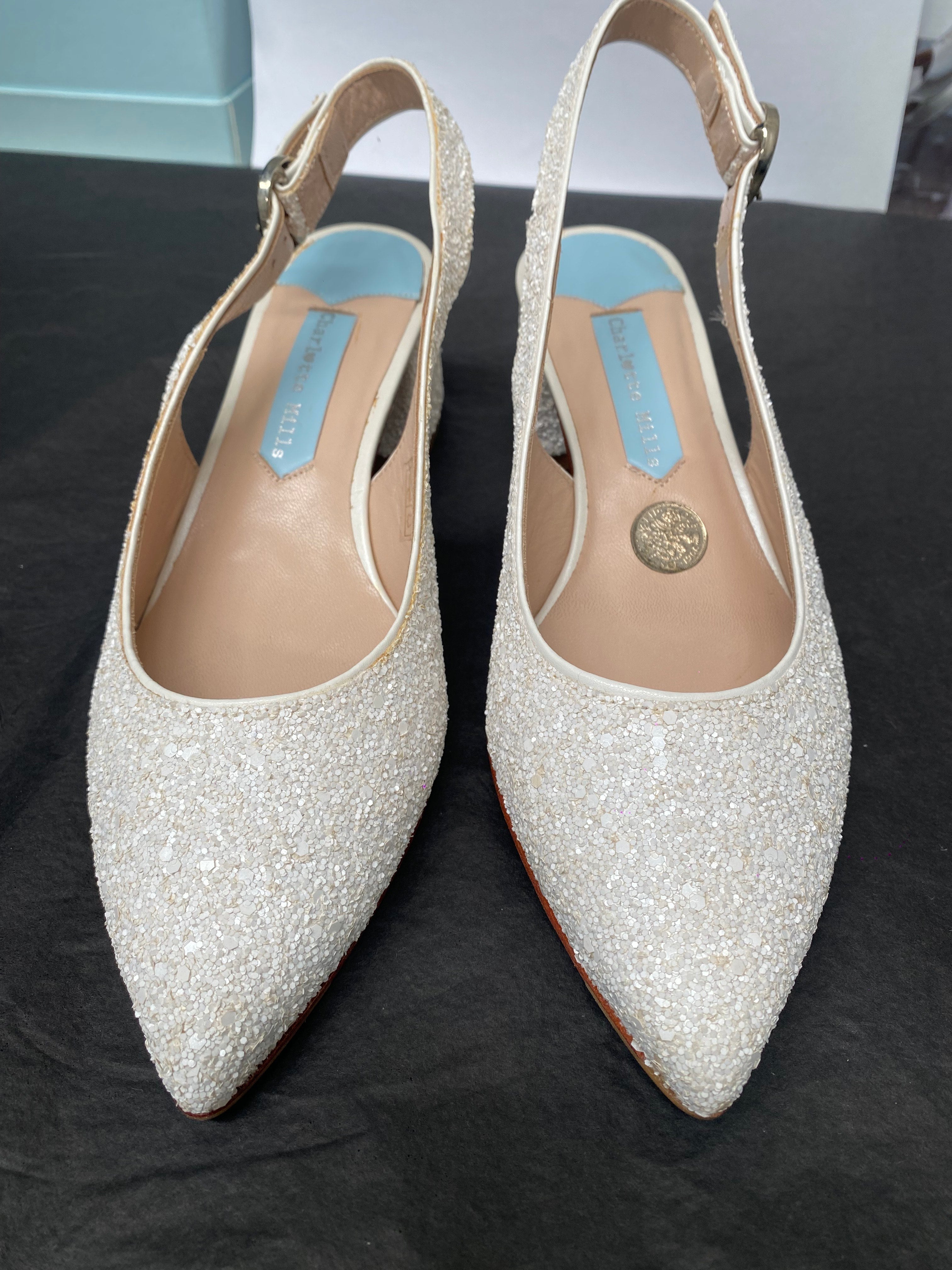 SAMPLE - January - Pearl Encrusted Pointed Bridal Block Heel - Size 5