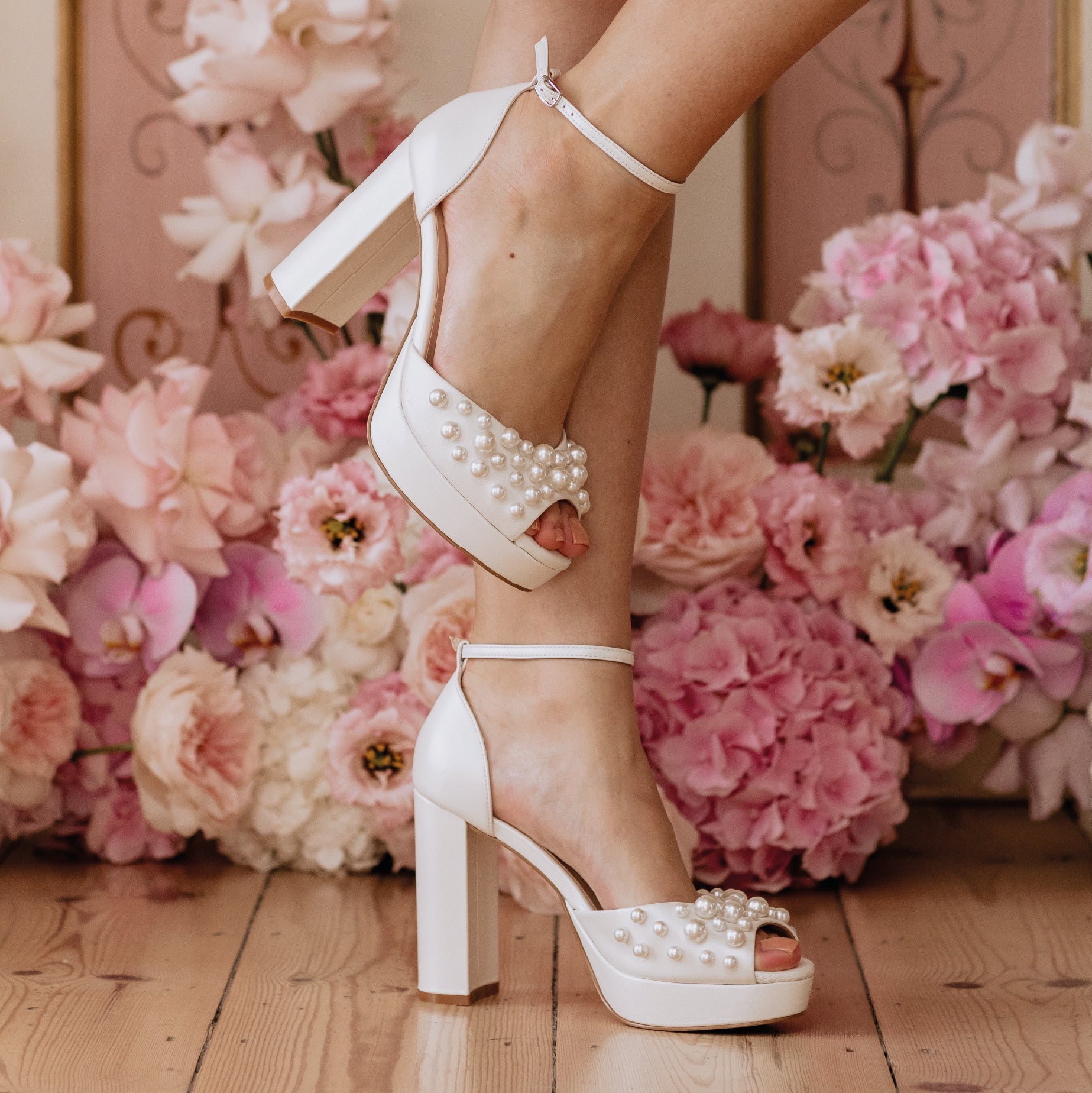 Londi - Ivory Pearl Embellished Platform Bridal Block Heel - Size 5, 6, Only