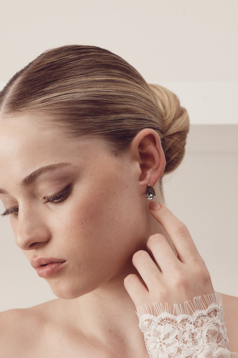 Buy Ruby - Swarovski Crystal Teardrop Stud Clear Crystal Smoke Gold Earrings online | The White Collection Australia