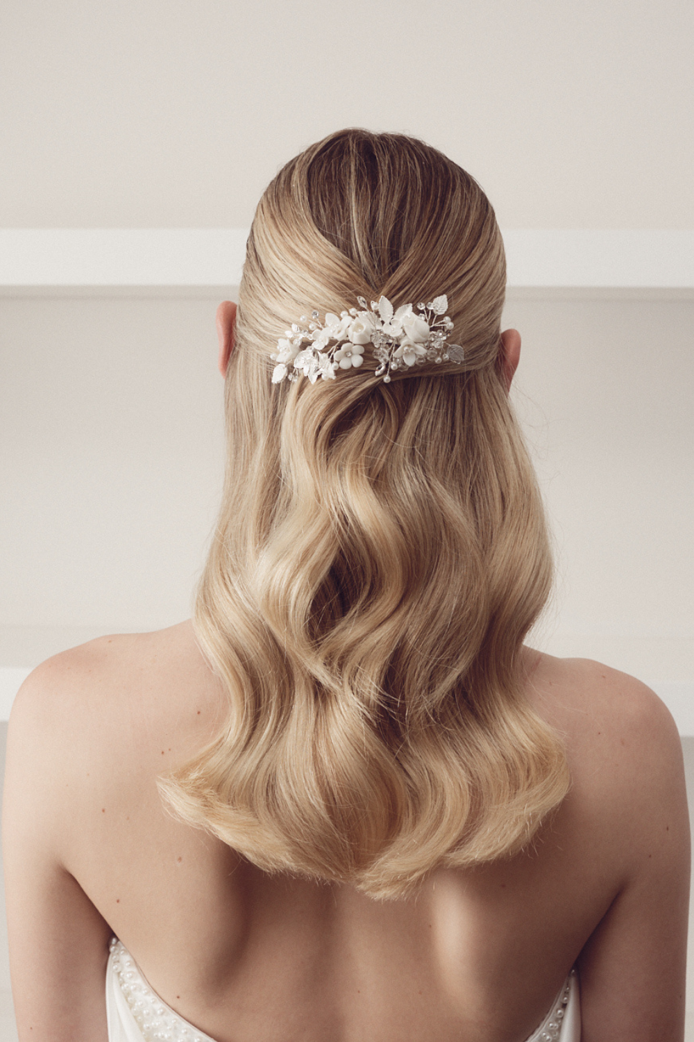 Buy Evangeline - Delicate Porcelain Floral & Crystal Pearl Bridal Hair Clip online | The White Collection Australia