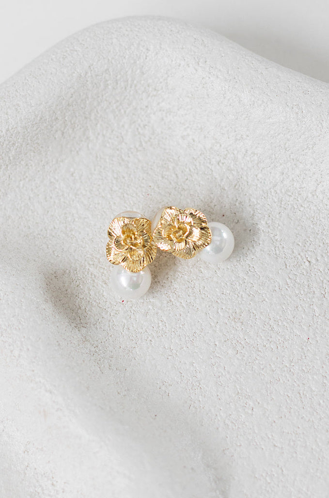Buy Nicole - Flower Statement Pearl Clip On Gold Earrings online | The White Collection Australia