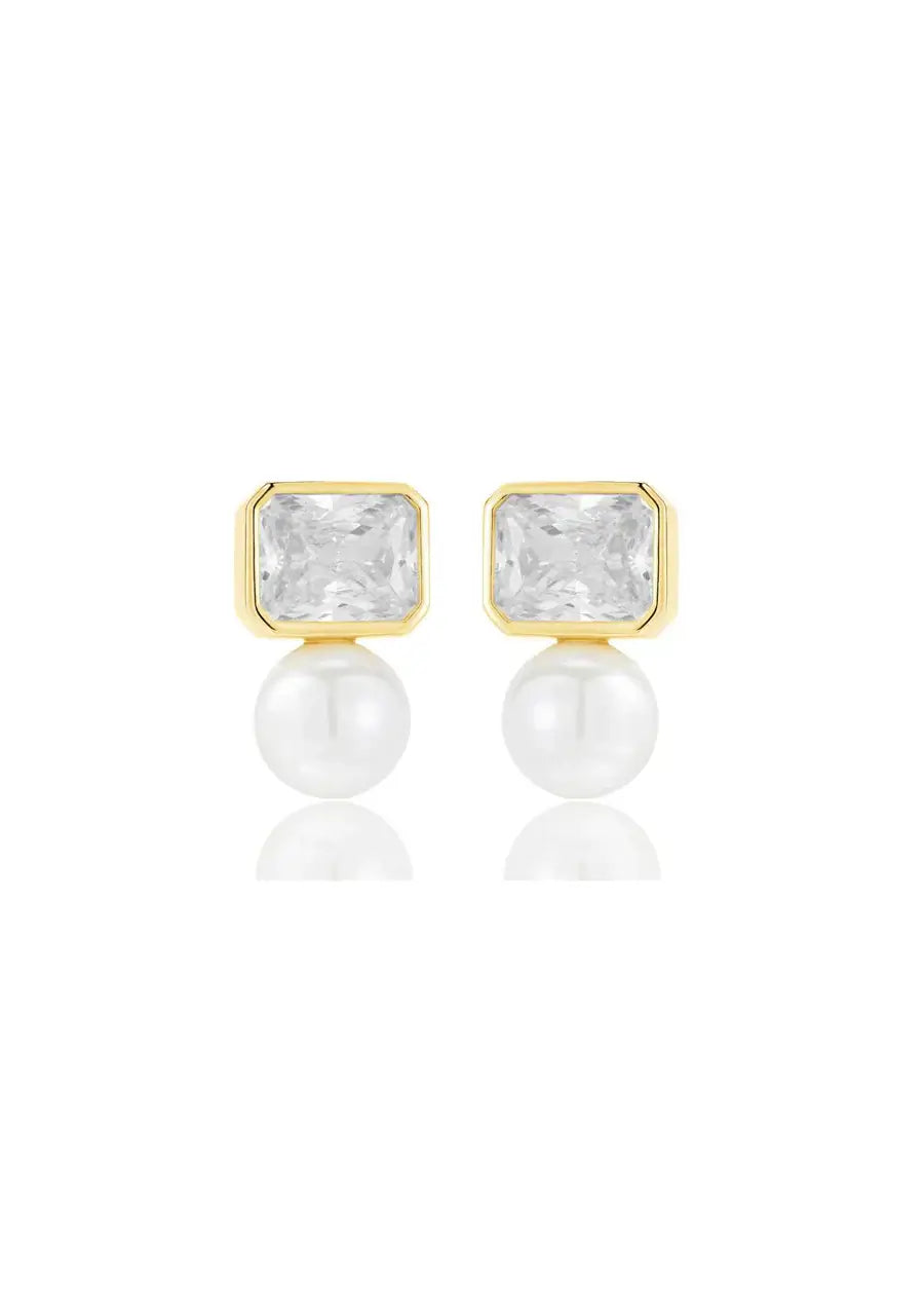 Buy Lola Knight - Pamola - Pearl & Emerald Cut Crystal Earrings - 18 CT Gold online | The White Collection Australia