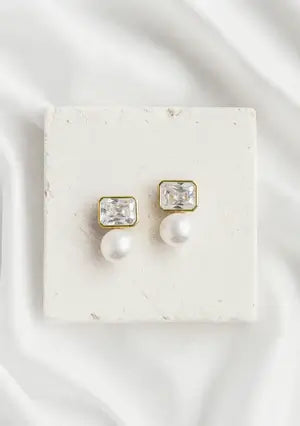Buy Lola Knight - Pamola - Pearl & Emerald Cut Crystal Earrings - 18 CT Gold online | The White Collection Australia