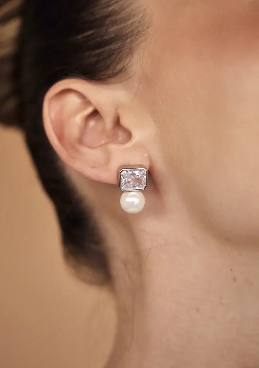 Buy Lola Knight - Pamola - Pearl & Emerald Cut Crystal Earrings - Silver online | The White Collection Australia
