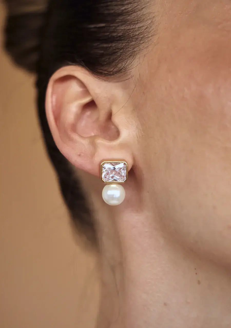 Buy Lola Knight - Pamola - Pearl & Emerald Cut Crystal Earrings - 18 CT Gold online | The White Collection Australia