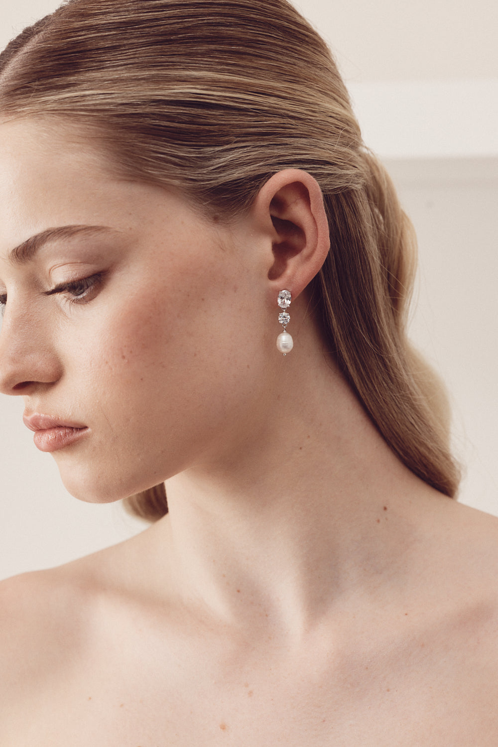 Poppy - Double Crystal and Pearl Drop Bridal Earrings Silver