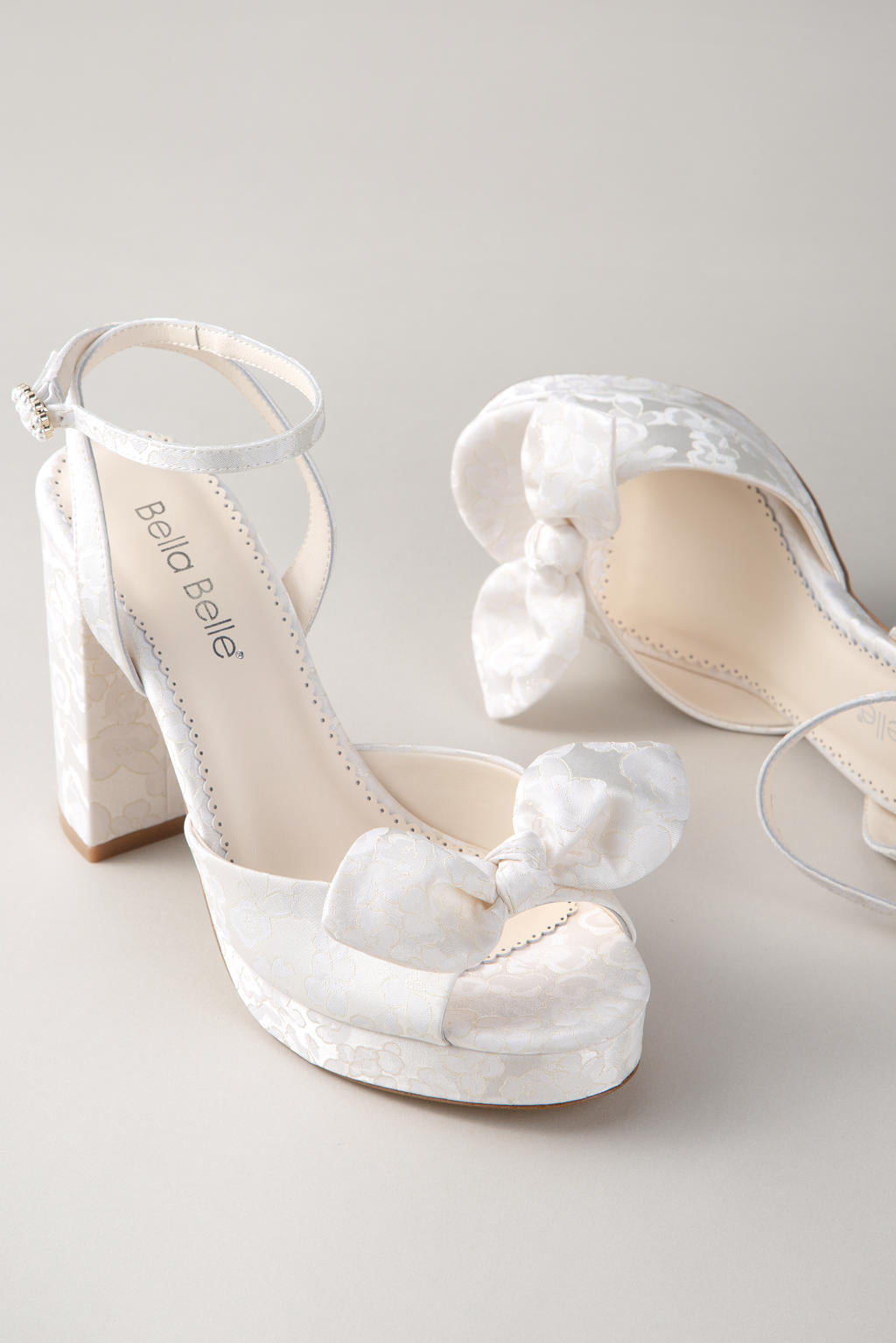 Buy Colette - Open Toe Jacquard Platform Block Heels With Bow - Ivory online | The White Collection Australia