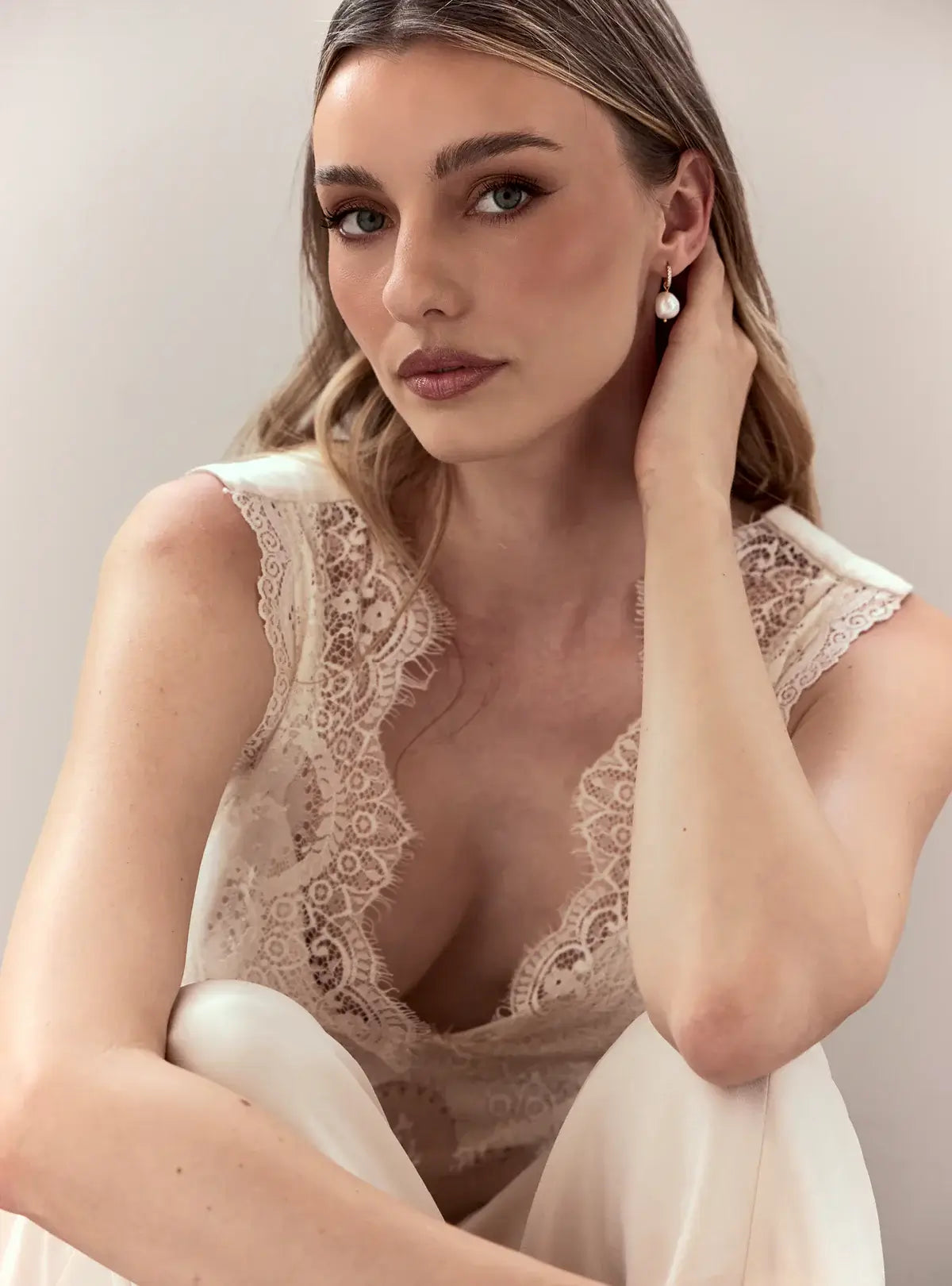 Buy Lola Knight - Ramona - Crystal Hoop Pearl Drop Bridal Earrings - 18K Gold online | The White Collection Australia