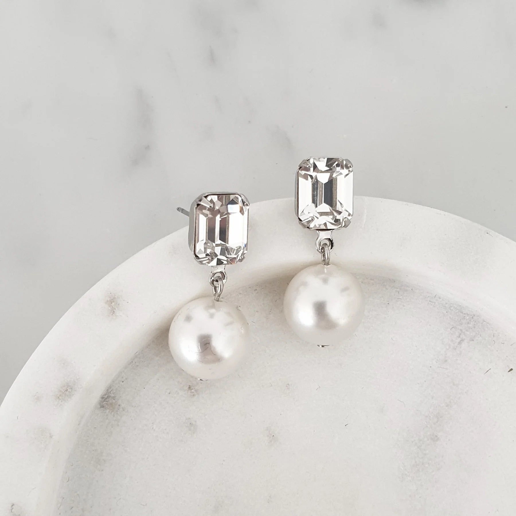Emerald Cut Pearl Drop Earrings - Rhodium Plated