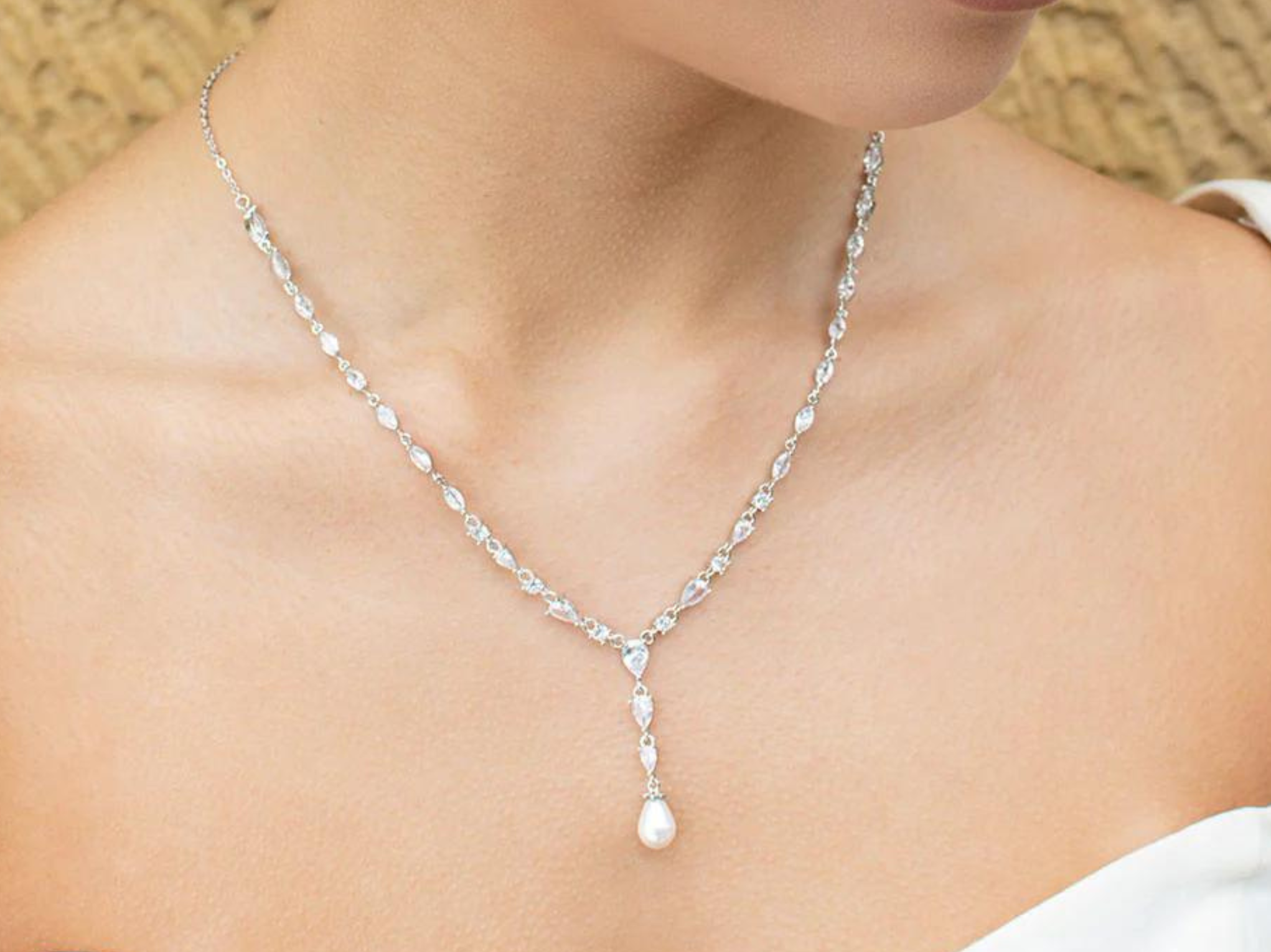 Siena - Delicate Crystal and Plunging Pearl Drop Bridal Necklace - Silver
