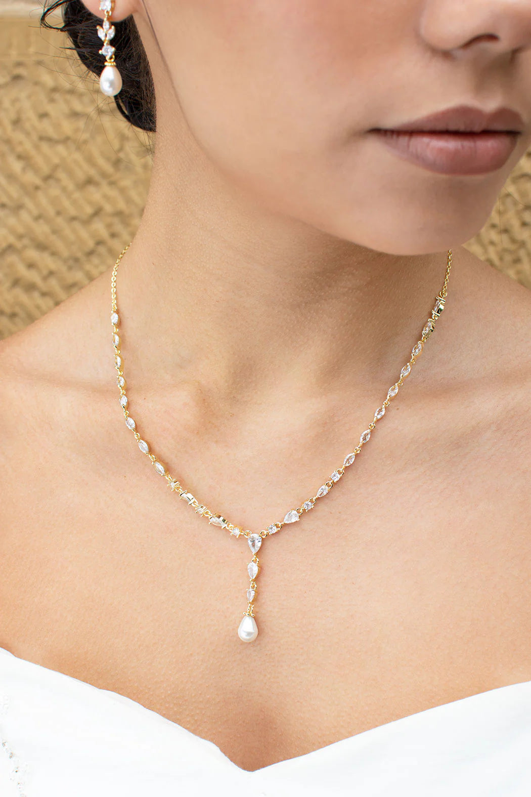 Siena - Delicate Crystal and Plunging Pearl Drop Bridal Necklace - Gold