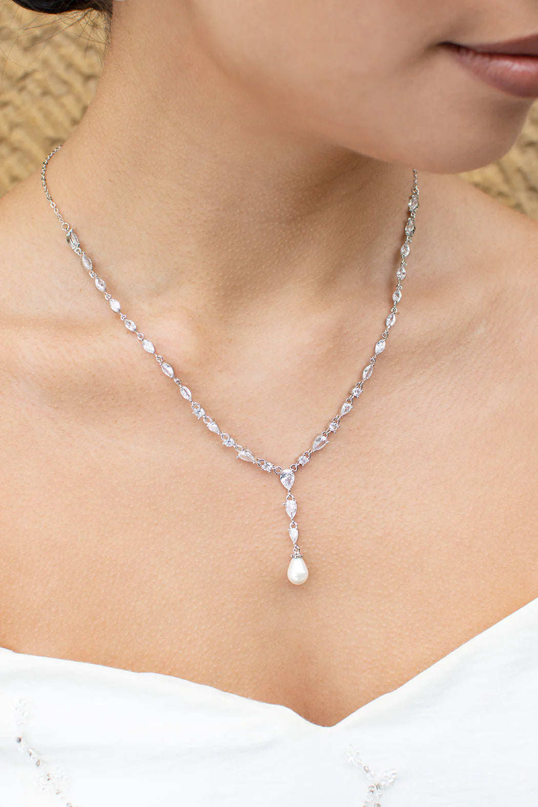 Siena Delicate Crystal and Plunging Pearl Drop Bridal Necklace