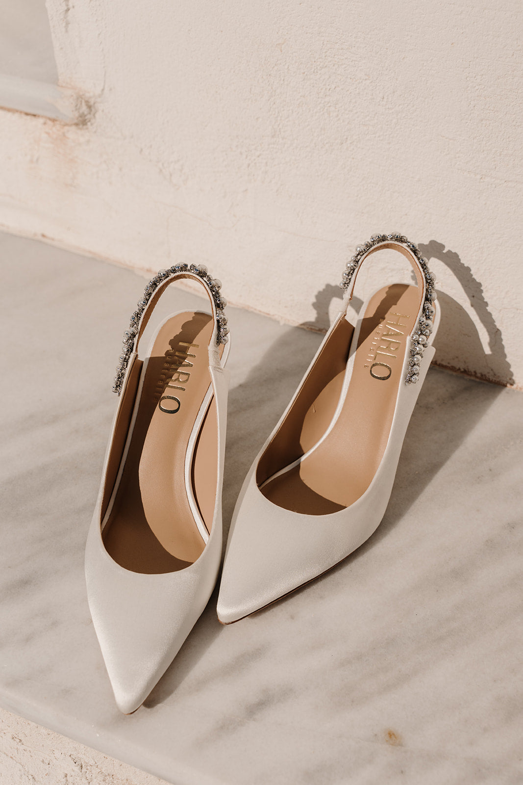 Nina Pearl - White Pearl & Crystal Embellished Sling Back Low Bridal Pump