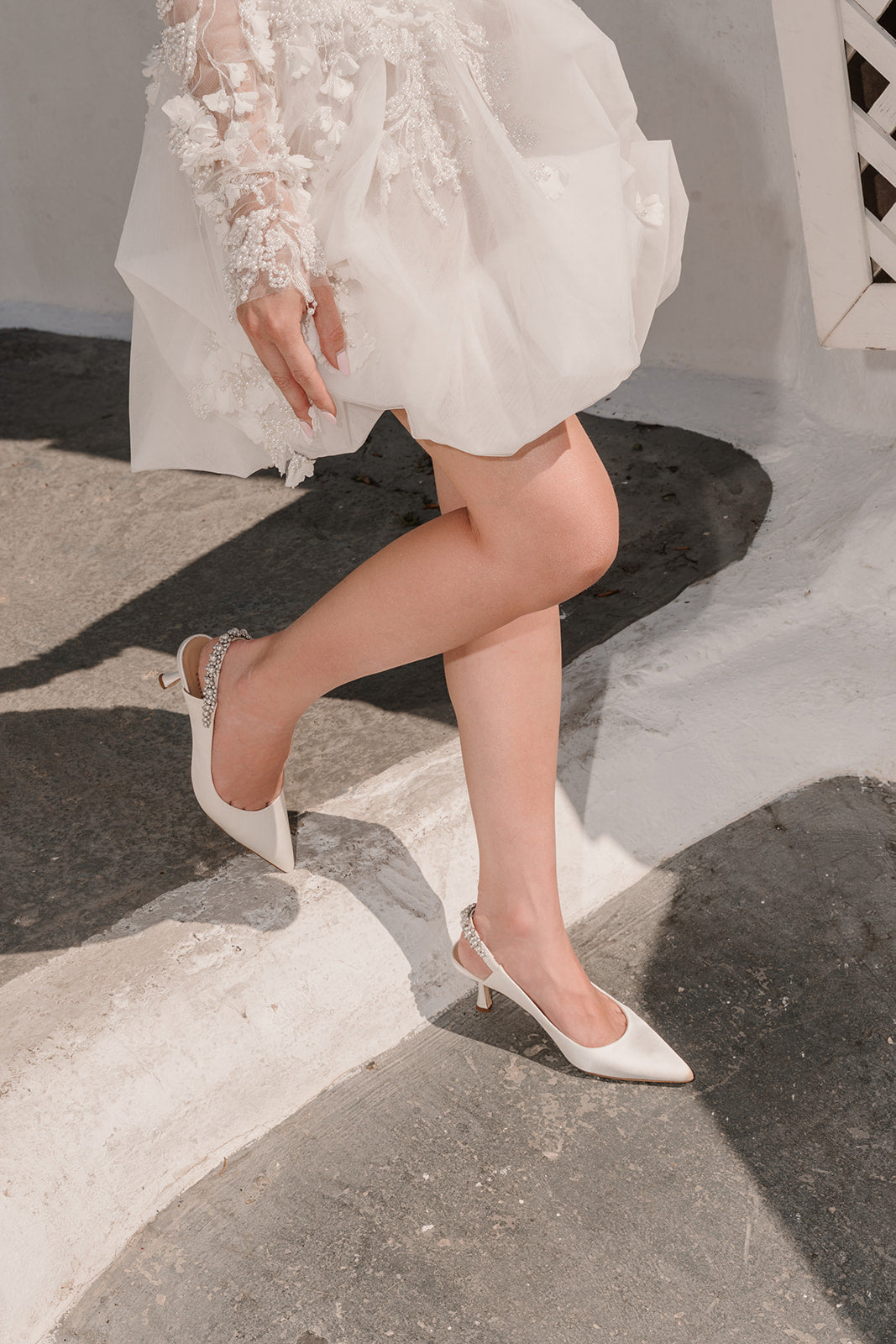 Nina Pearl - White Pearl & Crystal Embellished Sling Back Low Bridal Pump