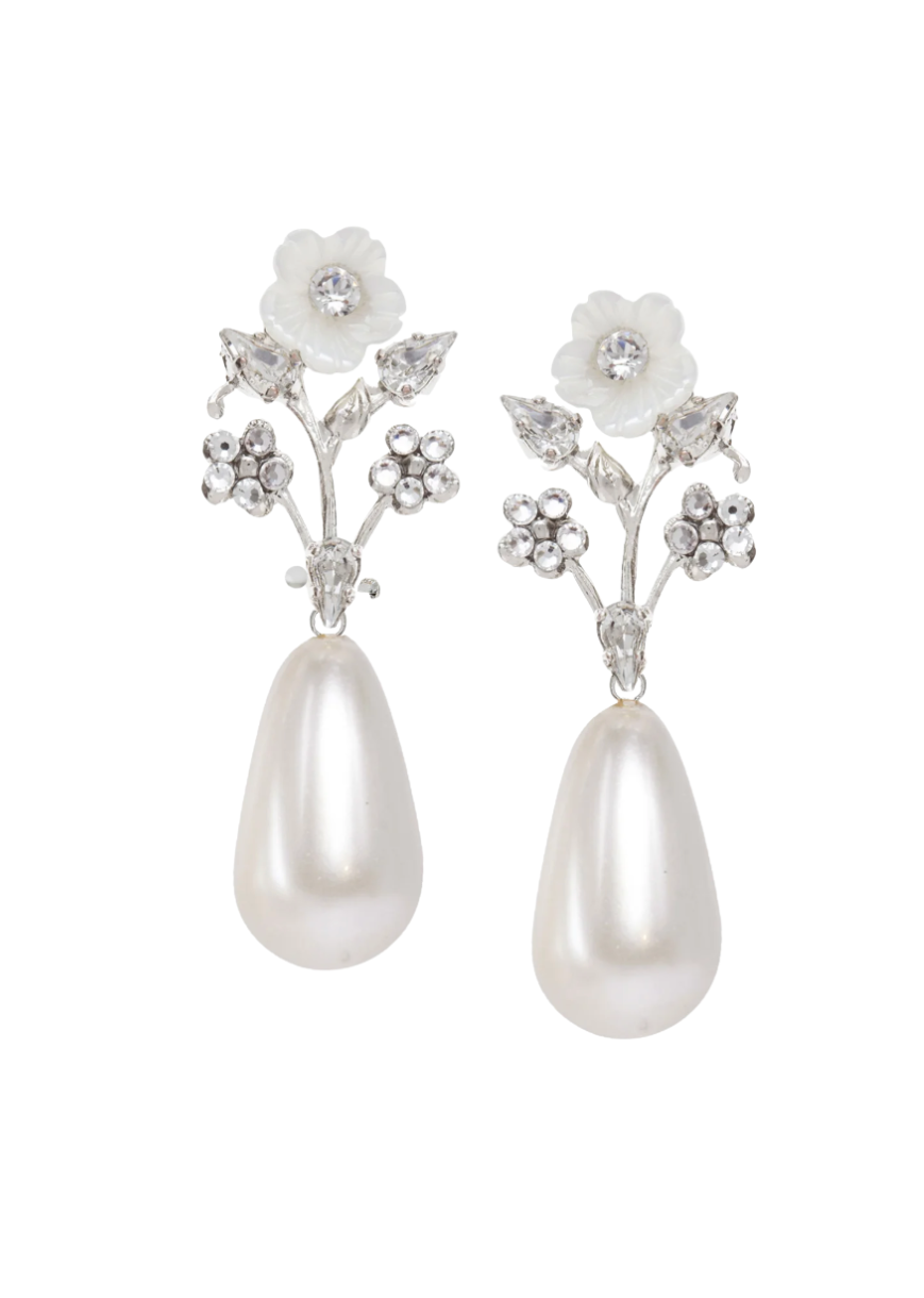 Buy Elizabeth Bower - Anemone Crystal & Pearl Bauble Drop - Rhodium Silver online | The White Collection Australia