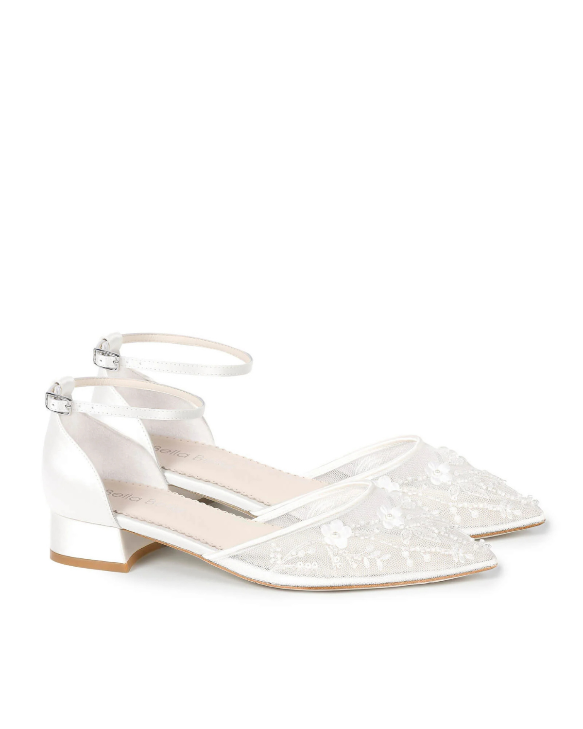 Thalia - Floral Embroidered Wedding Flats with Ankle Strap - Ivory