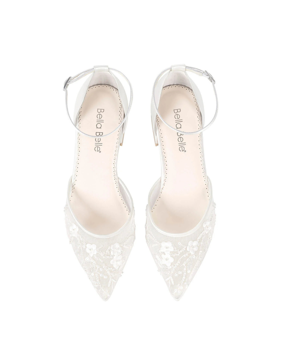 Thalia - Floral Embroidered Wedding Flats with Ankle Strap - Ivory