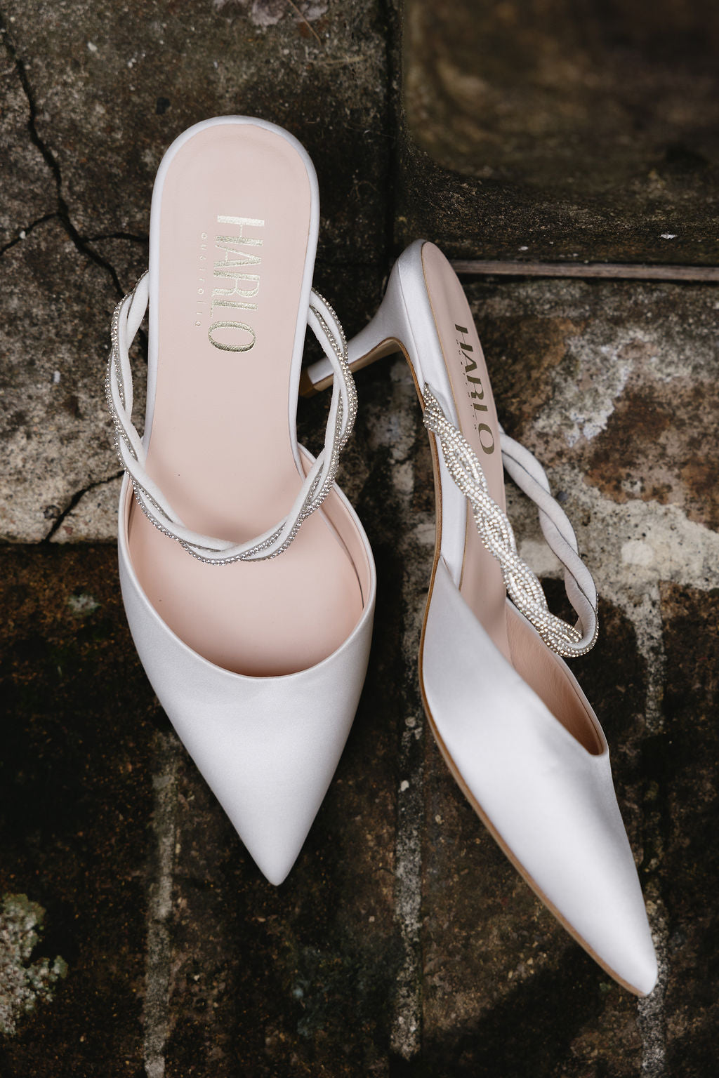 Frankie - Pointed Toe Mule with Braided Crystal Strap - Ivory Silk Satin