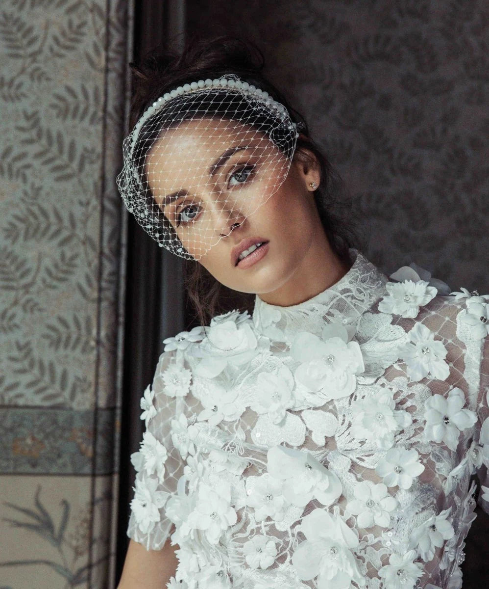 A'el Este - Krista Veil - Bridal Birdcage Veil with Pearl Combs - White