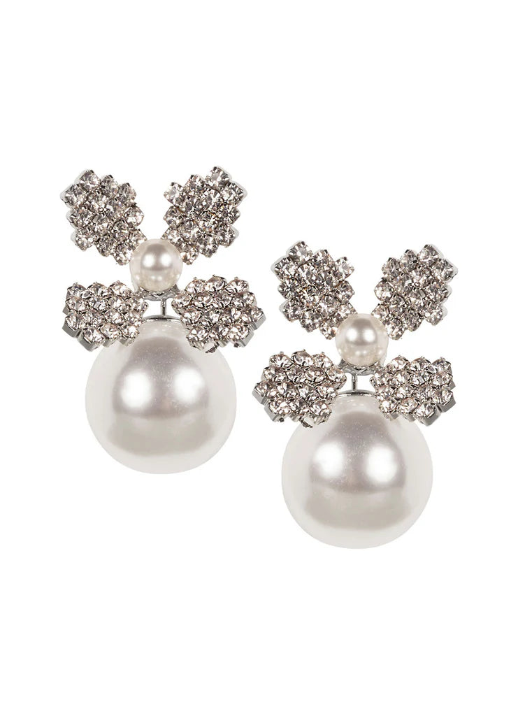 Buy Elizabeth Bower - June Duet Pearl & Crystal Stud - Rhodium Silver online | The White Collection Australia