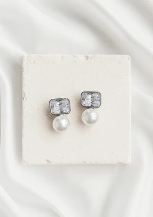 Lola Knight - Paloma - Pearl & Emerald Cut Crystal Earrings - Silver