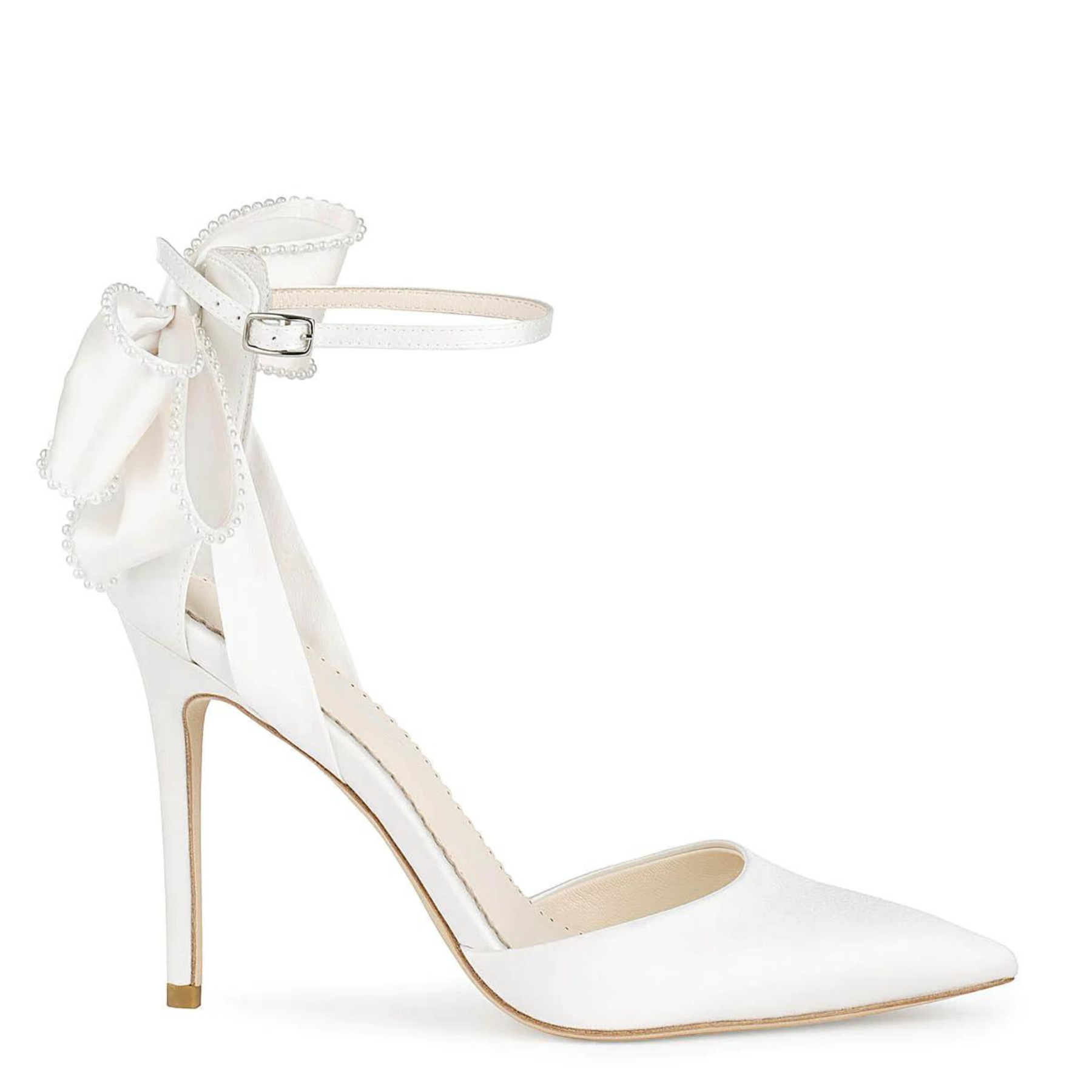 Buy Mirabelle - Ivory Pearl Stiletto Wedding Heels with Ankle Strap Bow online | The White Collection Australia