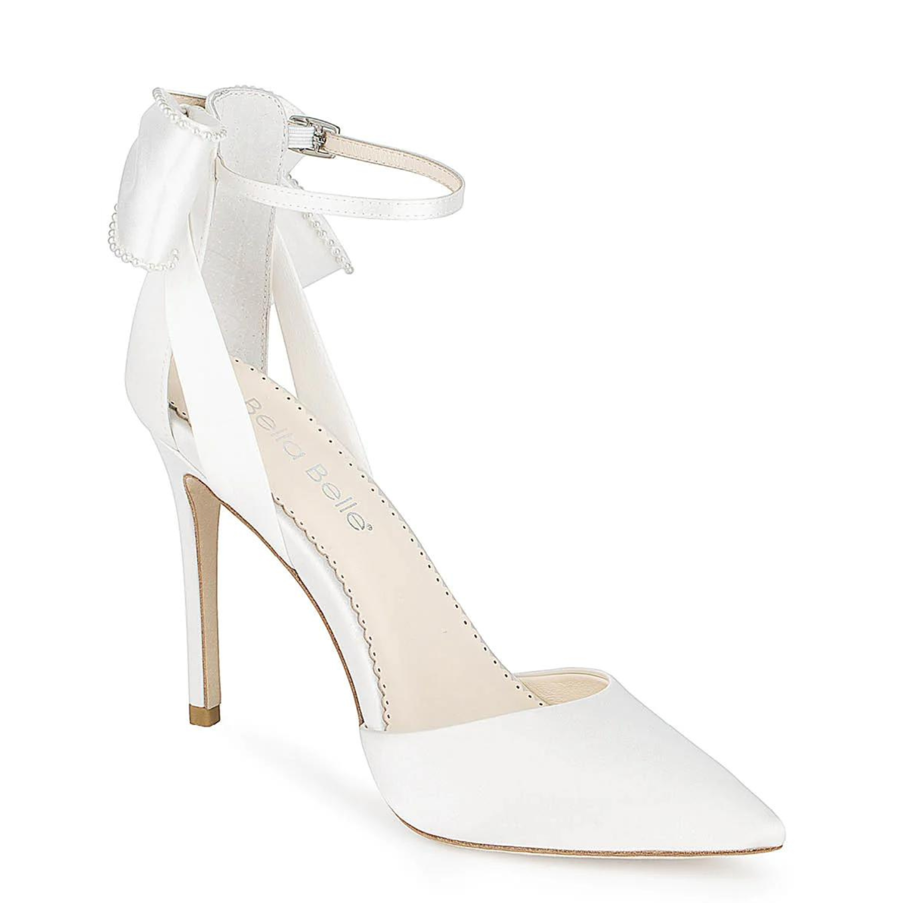 Buy Mirabelle - Ivory Pearl Stiletto Wedding Heels with Ankle Strap Bow online | The White Collection Australia