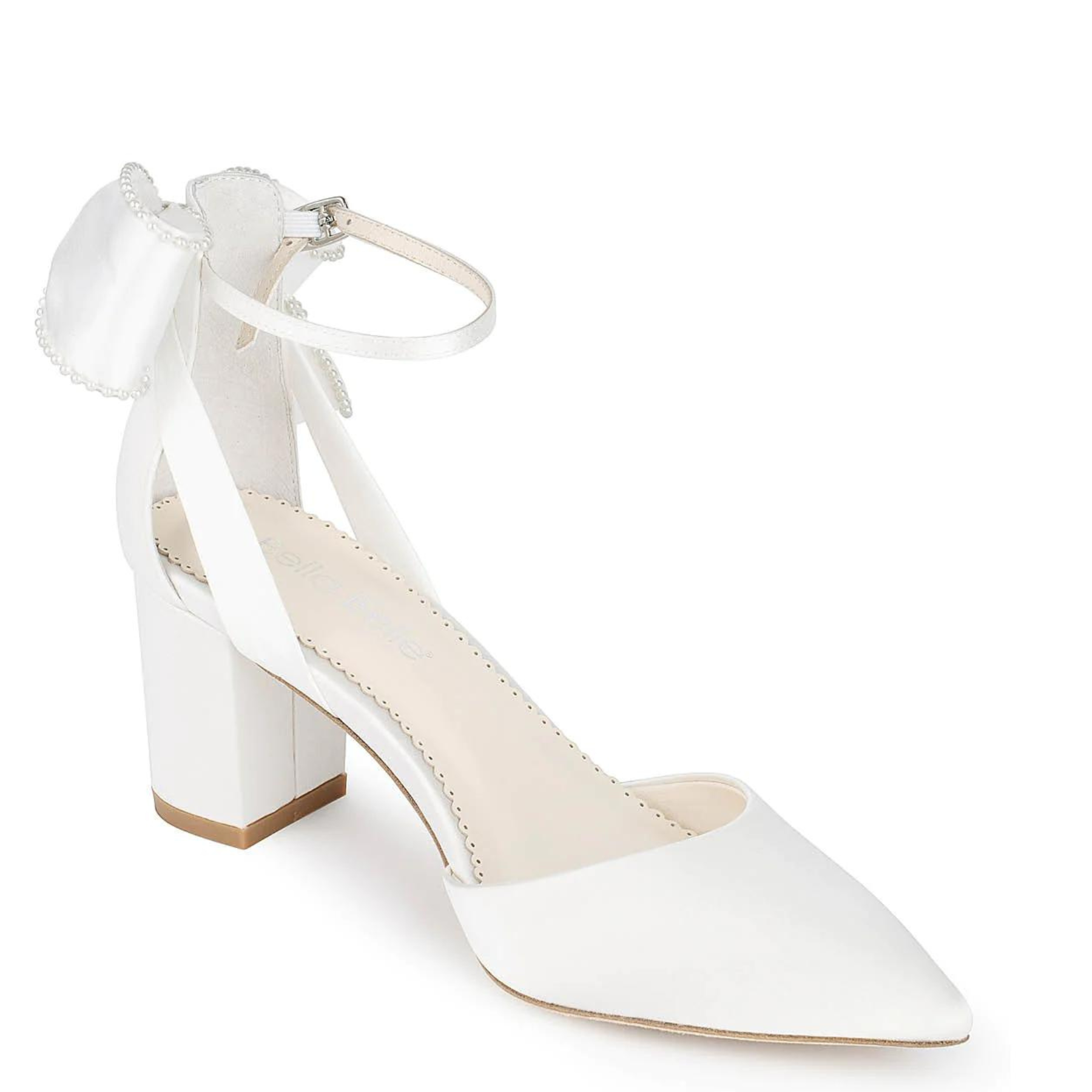 Buy Molly - Ivory Pearl Block Wedding Heels with Ankle Strap Bow online | The White Collection Australia