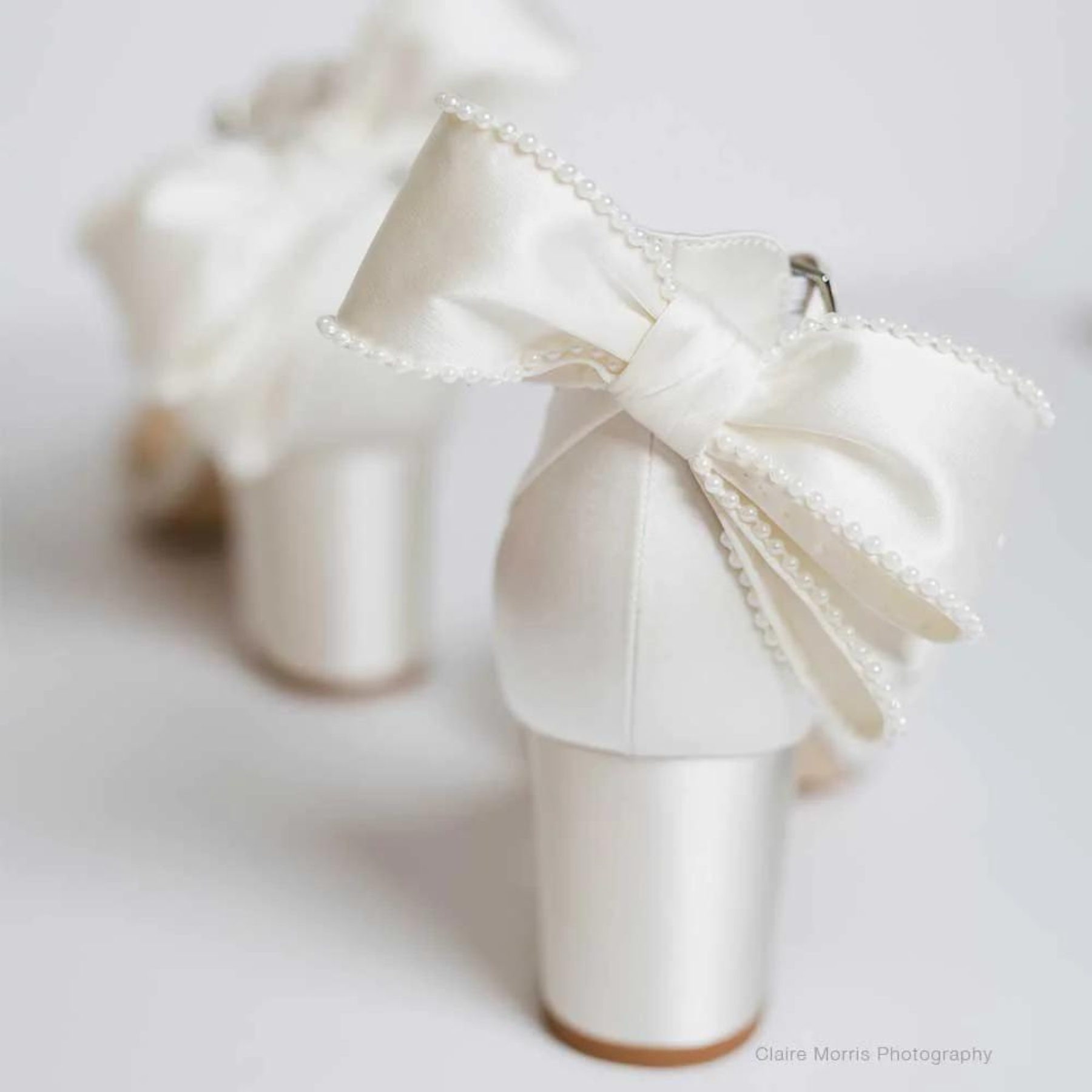 Buy Molly - Ivory Pearl Block Wedding Heels with Ankle Strap Bow online | The White Collection Australia