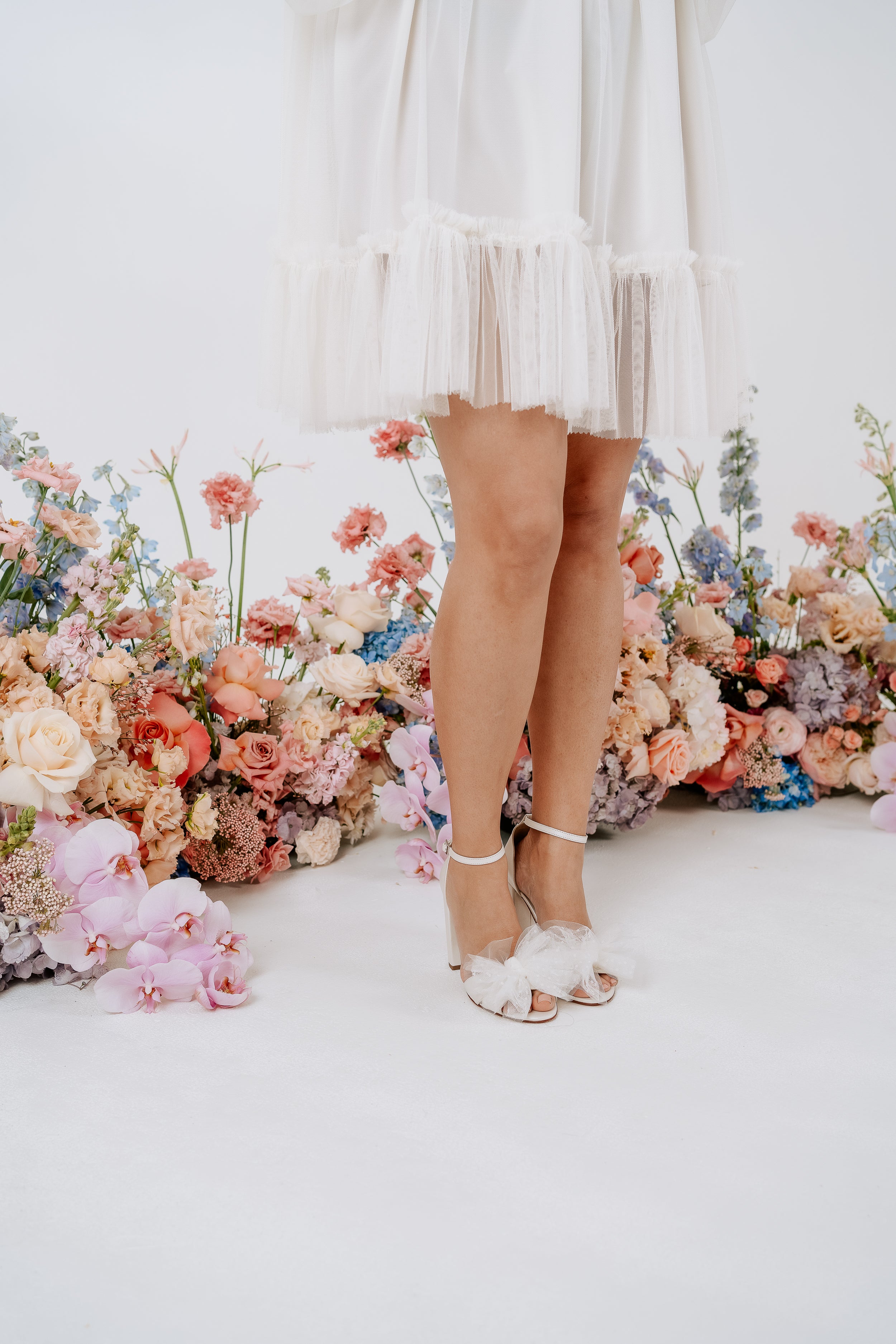 Indi - Ivory Tulle Bow Bridal Block Heel - Size 8 Only