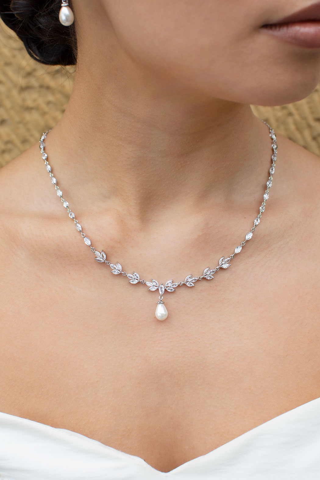 Buy Liliana - Delicate Crystal and Pearl Drop Bridal Necklace online | The White Collection Australia