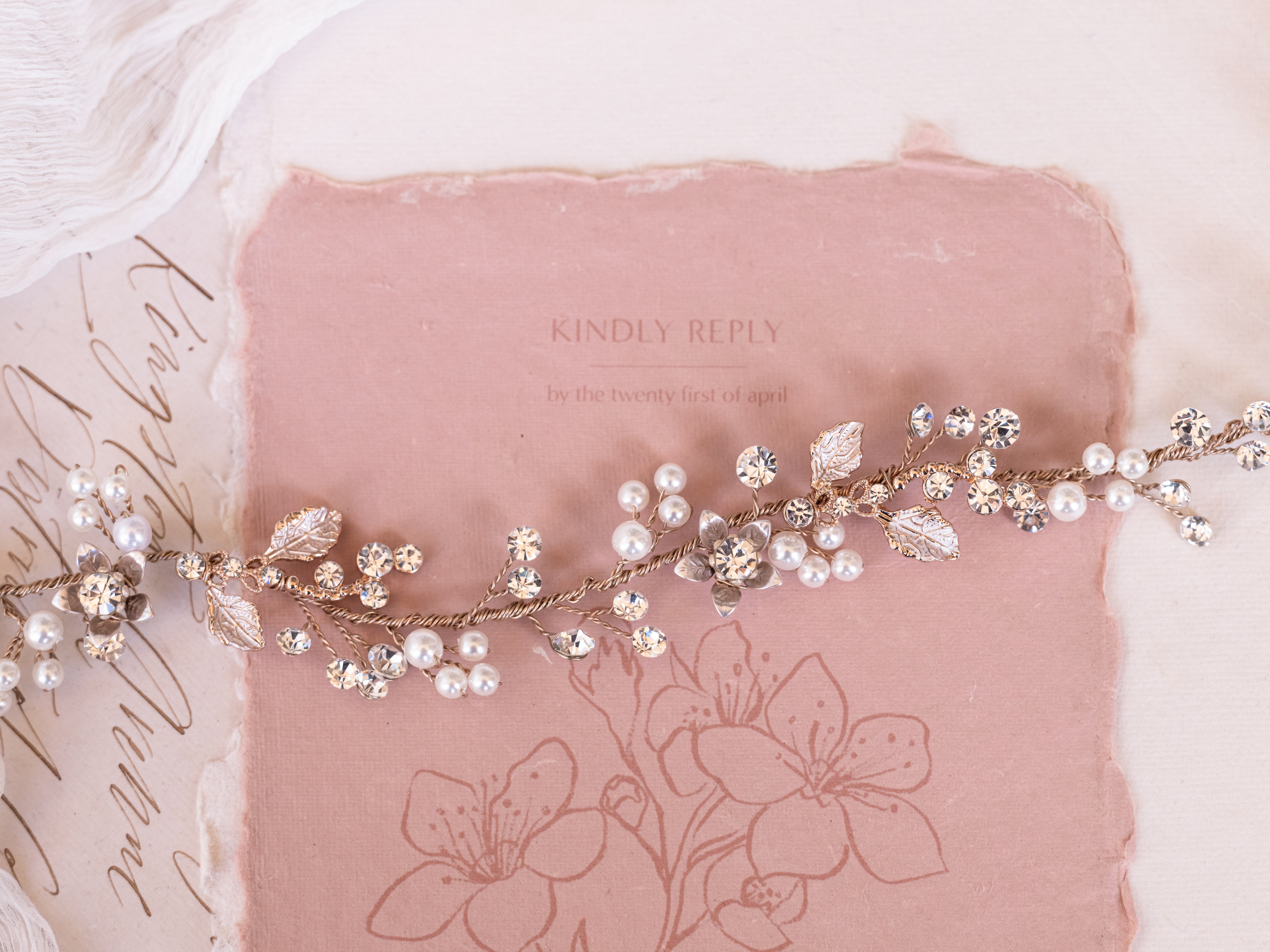 Iris - Crystal Floral & Pearl Bridal Hair Vine