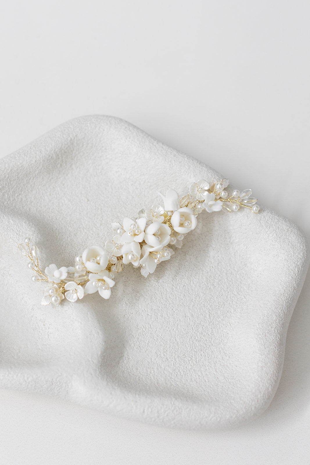 Caroline - Delicate Porcelain & Crystal Floral Pearl Bridal Hair Clip